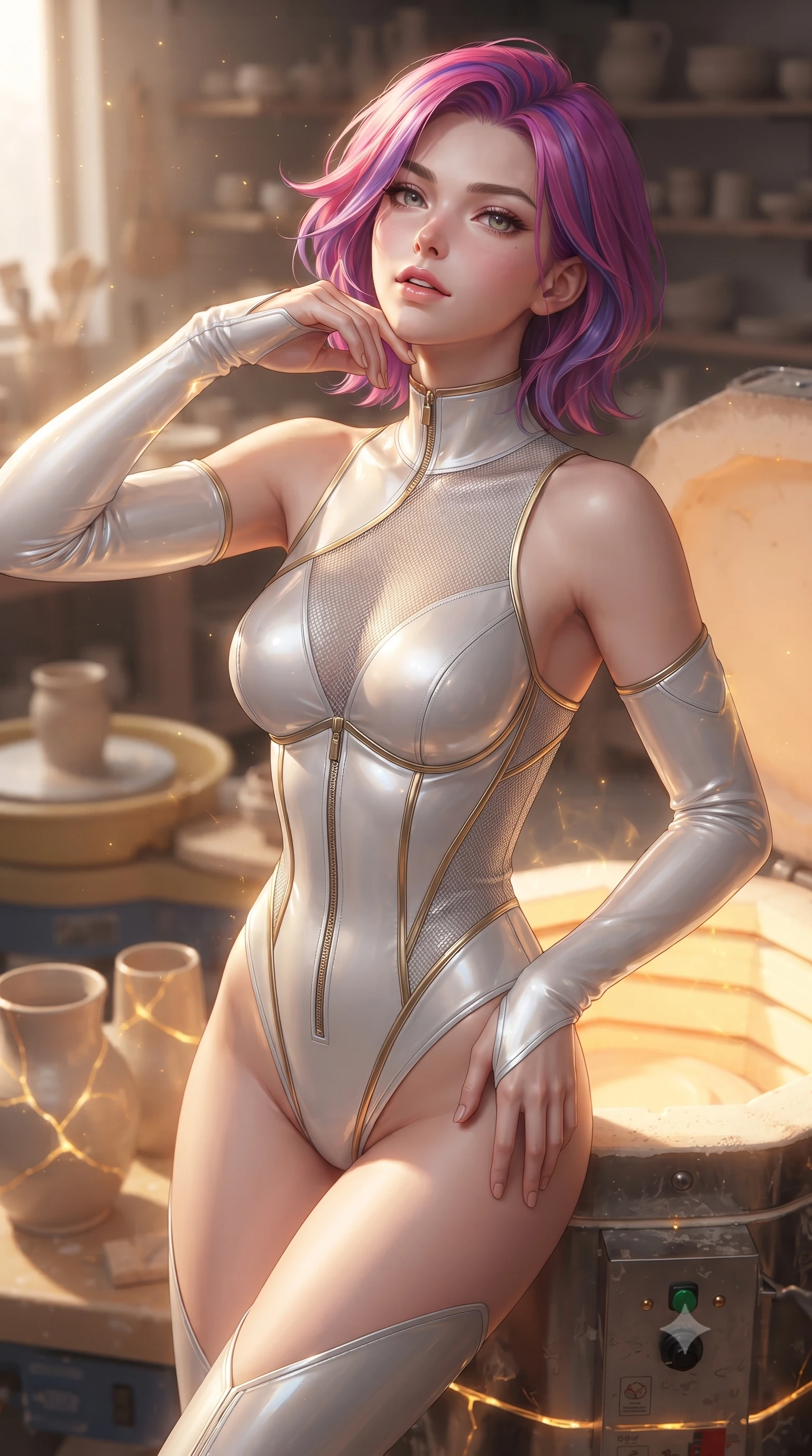 score_9, masterpiece, best quality, ultra-detailed, high-budget anime keyframe, editorial fashion photography, tasteful artistic composition, Caucasian woman. close-up cowboy shot from the waist and thighs up, the character dominates the composition, filling the frame with her large presence, background elements kept in soft focus. Tilting her chin up slightly with lips parted in a composed, magnetic expression, resting near a ceramic kiln as golden kintsugi light glows warmly around her, high-contrast texture of smooth porcelain and rough liquid gold. She has an exceptionally elegant, slender, and willowy female figure with an ultra-slim waist, a gracefully sculpted slender torso, and a refined silhouette. sharp v-shaped jawline, high-bridge nose, intricate jewel-like eyes with depth, thick eyelashes, glossy lips with a natural sheen. wearing asymmetric high-cut cyber-bodysuit with detached sleeves in pearl white in pearl white, made of fine silver contouring mesh, finished with metallic gold boning and sleek zipper points, accentuating her gracefully sculpted slender torso. lit by sharp golden key rays highlighting porcelain glaze textures. ultra-reflective glossy finish, specular highlights, metallic sheen, high-contrast stereoscopic depth, volumetric dynamic lighting, 2k, ultra detail, master piece, 9:16 ratio