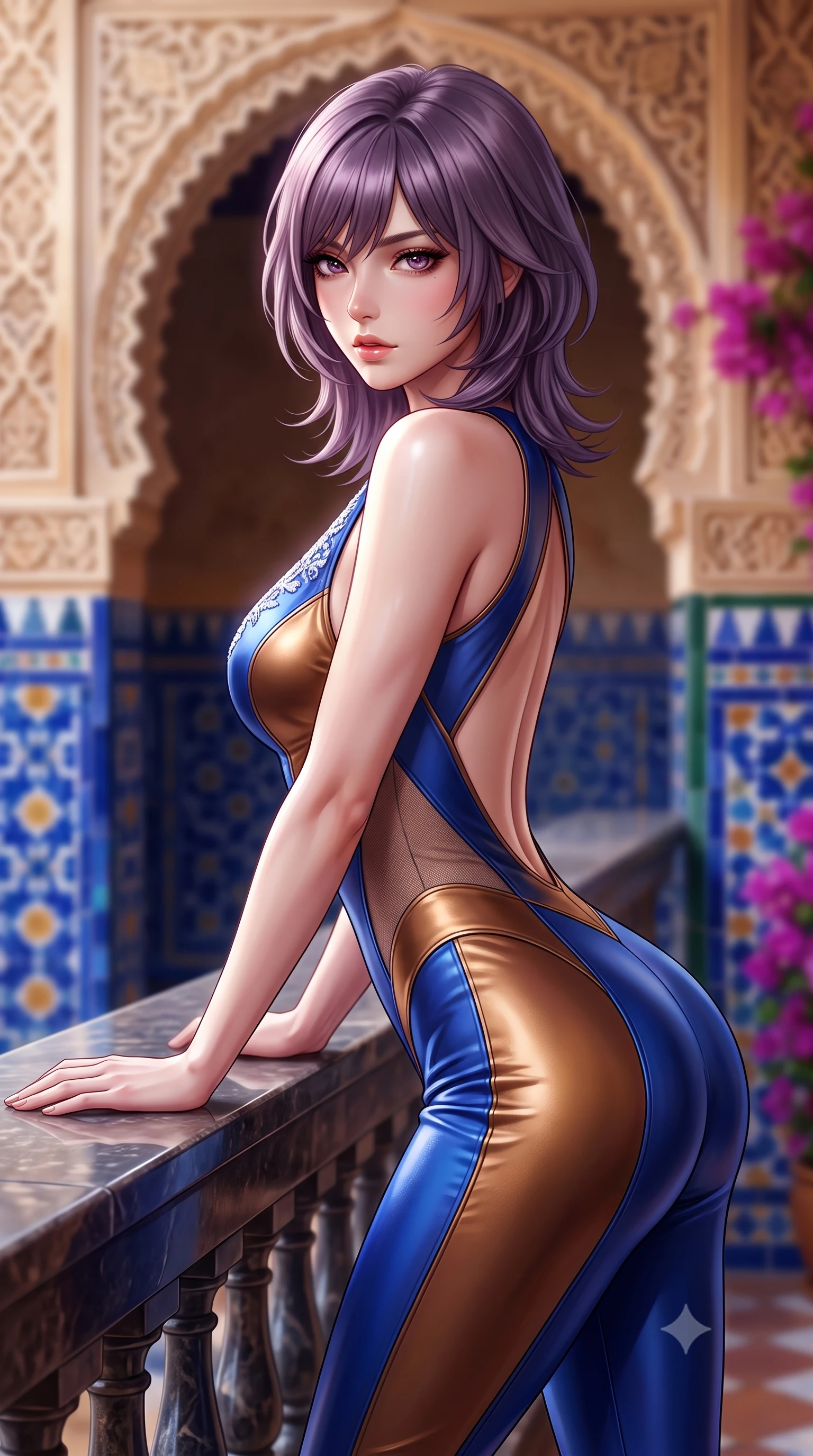 score_9, masterpiece, best quality, ultra-detailed, high-budget anime keyframe, semi-realistic 3D game render, editorial fashion photography, tasteful artistic composition, Japanese woman. close-up cowboy shot from the waist and thighs up, the character dominates the composition, filling the frame with her large presence. leaning forward against the polished railing with her hips cocked back, creating an intoxicating curve from her narrow waist to sculpted hips as she gazes back into the lens while leaning against an intricately carved stucco Mudéjar archway with hips cocked back, looking over her shoulder with smoldering bedroom-eyes. The composition keeps background elements in soft focus with creamy bokeh. carved gothic-mudéjar plaster arches and vibrant cobalt azulejo tiles blurred into rich cobalt, ochre, and bougainvillea magenta bokeh. She has an exceptionally elegant, slender, and willowy female figure with an ultra-slim waist, flat toned midriff, narrow ribcage, and sculpted feminine hips creating an alluring, slim hourglass silhouette without bulk. sharp v-shaped jawline, high-bridge nose, intricate jewel-like eyes with depth, thick eyelashes, glossy parted lips with a natural sheen, intensely captivating and seductive bedroom-eyes expression, flawlessly proportioned anatomical accuracy, strict slender model proportions, natural body alignment, perfectly sculpted long slender limbs, ultra-slim waistline, clean dynamic posture without body distortion. wearing a second-skin compression catsuit with an open back and sheer mesh side waist contouring in royal sapphire blue and liquid bronze, formed from supple second-skin lambskin leather with specular sheen, finished with delicate crystal frost embroidery tracing the plunging neckline, the liquid-tight tailored fabric clinging flawlessly to her narrow waist and rounded feminine hips, emphasizing every millimeter of her sculpted slim hourglass curves without any bulky heaviness. illuminated by soft specular fountain reflections sharply defining her sculpted collarbones, ultra-slim waist, and curvy hips. highly saturated vibrant anime colors, detailed shading with soft gradients, rich glossy textures, high-contrast stereoscopic depth, volumetric dynamic lighting, master piece, 9:16 ratio