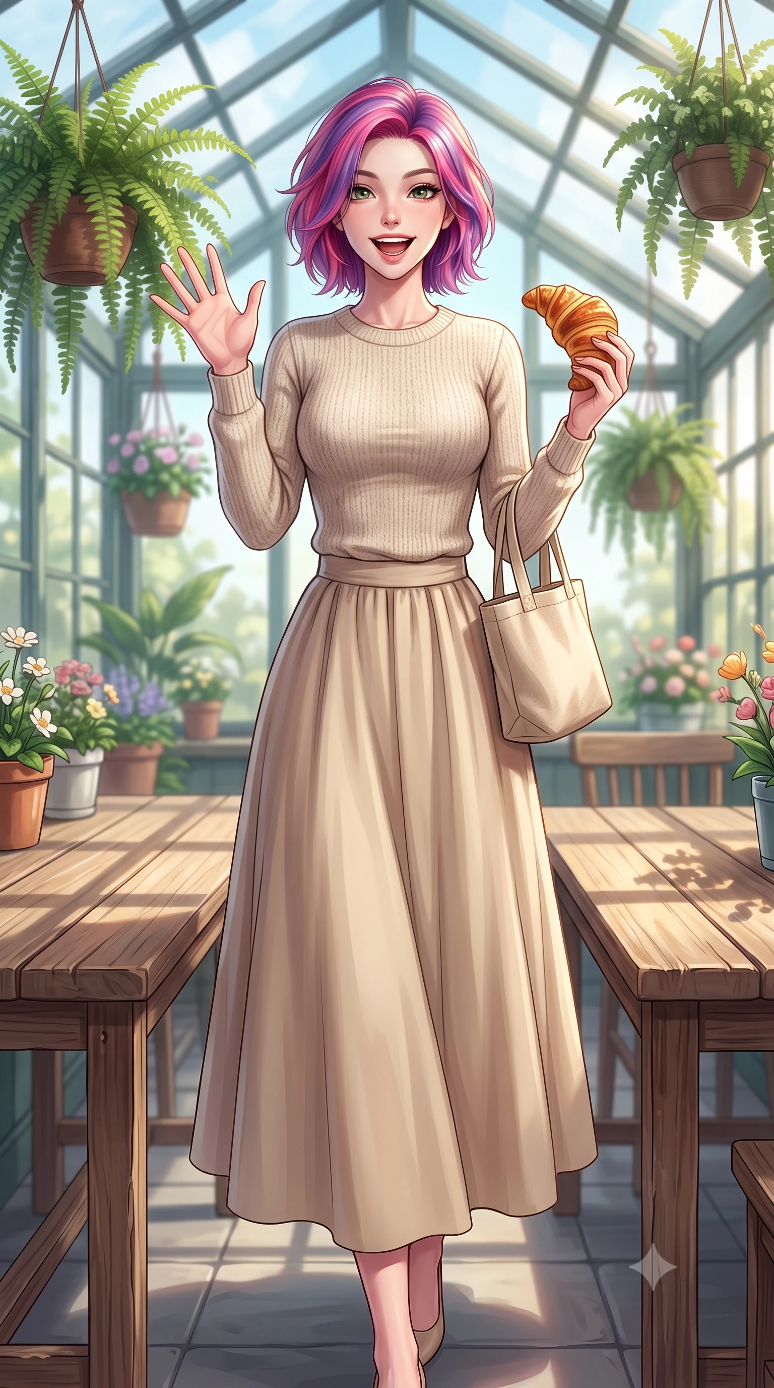 score_9, masterpiece, best quality, ultra-detailed, high-budget anime keyframe, editorial fashion photography, tasteful artistic composition, Caucasian woman. low angle full-body shot from head to toe showing her feet, filling the entire 9:16 vertical frame with her statuesque presence, stretching her vertical silhouette. stepping forward with a bright, cheerful smile, waving happily at the viewer set against a soft-focus background of in a quiet glass-roofed sunroom cafe filled with hanging ferns and flower pots holding a freshly baked croissant with a happy, delighted look. She has an absolutely perfect, statuesque 8.5-heads proportion, an exceptionally tall and slender model-like female figure with impossibly long slender legs and an ultra-slim waist. sharp v-shaped jawline, high-bridge nose, intricate jewel-like eyes with depth, thick eyelashes, glossy lips with a natural sheen. wearing body-hugging cozy oatmeal knit sweater paired with a long cotton skirt and a small canvas tote bag. soft afternoon sunlight casting shadows of window panes on the wooden table. highly saturated vibrant anime colors, detailed shading with soft gradients, rich glossy textures, high-contrast stereoscopic depth, volumetric dynamic lighting, master piece, 9:16 ratio