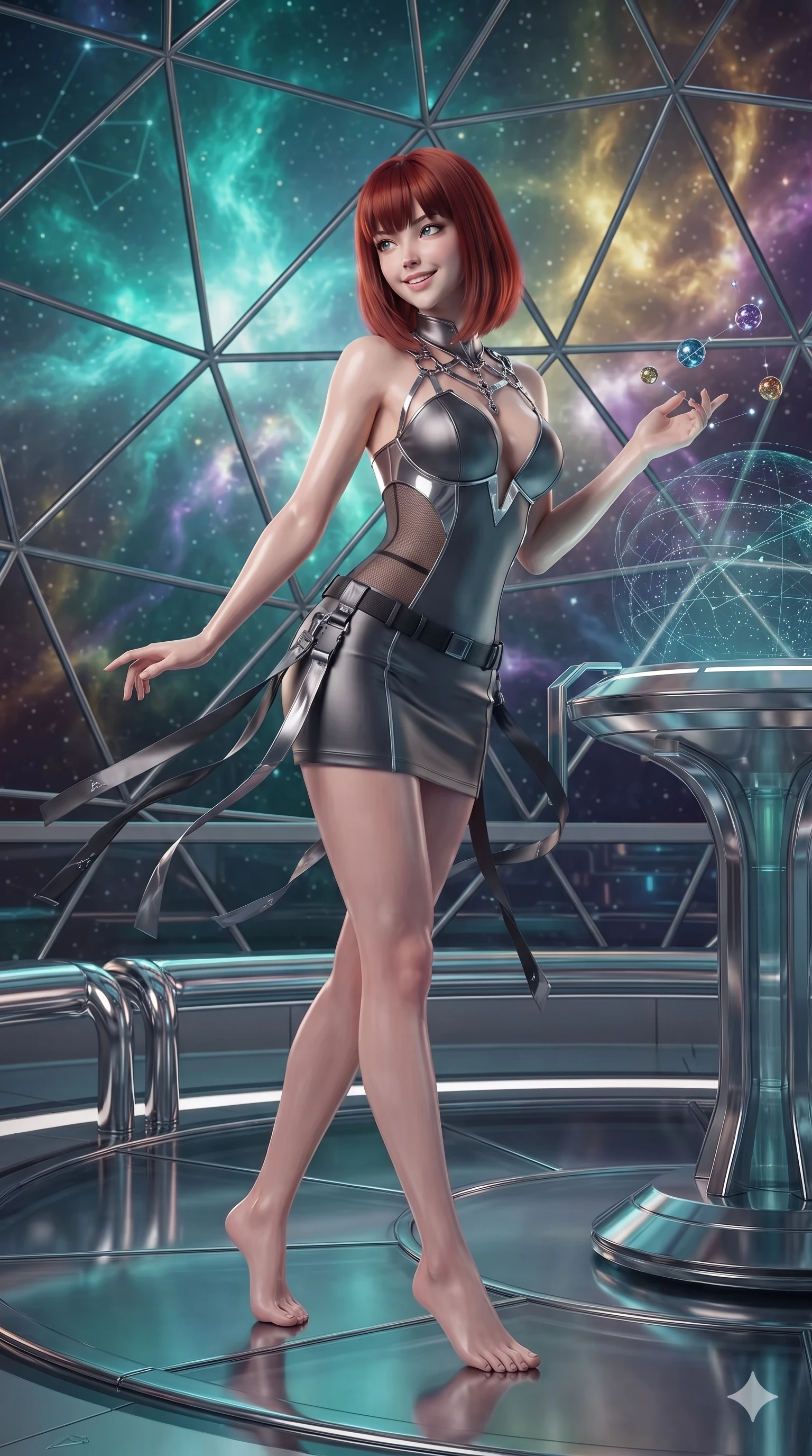score_9, masterpiece, best quality, ultra-detailed, high-budget anime keyframe, editorial fashion photography, tasteful artistic composition, Caucasian woman. low angle full-body shot from head to toe showing her feet, filling the entire 9:16 vertical frame with her statuesque presence, stretching her vertical silhouette. executing a cheerful mid-motion pivot turn as her tactical belt and ribbons flutter around her slender legs, glancing over her shoulder with an intoxicating, teasing bedroom-gaze while leaning against a holographic stellar cartography pedestal with hips cocked back, gazing through floating constellation spheres with intoxicating bedroom-eyes. The surrounding environment is rendered in vivid detail and crisp panoramic clarity: sharp geodesic dome frame struts, micro-etched star map coordinates, and polished chrome bench curves in deep focus. She has an absolutely perfect, statuesque 8.5-heads proportion, an exceptionally tall and slender model-like female figure with impossibly long slender legs, an ultra-slim waist, a flat toned midriff, narrow delicate ribcage, and beautifully sculpted feminine hips creating a graceful, slim hourglass silhouette without any bulky heaviness. sharp v-shaped jawline, high-bridge nose, intricate jewel-like sparkling eyes with depth, thick eyelashes, glossy parted lips with a natural sheen, bright confident smile with an enchanting and coquettish sensual glint, exuding both youthful magnetic charm and sovereign high-tech allure, flawlessly proportioned anatomical accuracy, strict slender model proportions, natural body alignment, perfectly sculpted long slender limbs, ultra-slim waistline, clean dynamic posture without body distortion. wearing an alluring plunging sweetheart cyber-bodice dress with sheer mesh side-waist cutouts contouring her ribs in charcoal grey and polished chrome, tailored from brushed aeronautical titanium alloy with matte satin sheen, accented with a chrome-drop body harness subtly framing her dewy collarbones and spine, the precision-cut side openings and low-back scoop framing her graceful spine and the sensual sweep of her slim, toned hips. bathed in the soft, multi-colored omnidirectional glow of glowing stellar nebulae combined with crisp under-floor floor uplights. ultra-reflective glossy finish, specular highlights, rich textural contrasts, high-contrast stereoscopic depth, volumetric dynamic lighting, 2k, ultra detail, master piece, 9:16 ratio