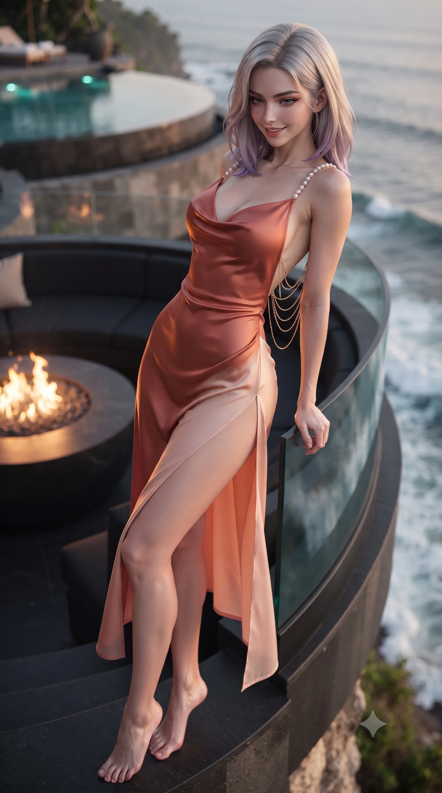 score_9, masterpiece, best quality, ultra-detailed, high-budget anime keyframe, editorial fashion photography, tasteful artistic composition, Caucasian woman. low angle full-body shot from head to toe showing her feet, filling the entire 9:16 vertical frame with her statuesque presence, stretching her vertical silhouette. leaning deep against the balcony balustrade with hips cocked back in an unapologetically alluring high-fashion stance, casting an intoxicating glance while lounging in the circular recessed black basalt fire-pit lounge jutting over the cliff edge, arching her spine with effortless supermodel poise as waves crash far below. The background shows a soft-focus architectural infinity pool edge softened in avant-garde coastal shallow focus. She has an absolutely perfect, statuesque 8.5-heads proportion, an exceptionally tall and slender model-like female figure with impossibly long slender legs, an ultra-slim waist, a flat toned midriff, narrow delicate ribcage, and beautifully sculpted feminine hips creating a graceful, slim hourglass silhouette without any bulky heaviness. sharp v-shaped jawline, high-bridge nose, sparkling eyes with hypnotic seductive depth, thick curled eyelashes, glossy parted lips with a natural dewy peach sheen, alluring bedroom-eyes with an enchanting coquettish smile, exuding magnetic siren charisma and sophisticated glamour, flawlessly proportioned anatomical accuracy, strict slender model proportions, natural body alignment, perfectly sculpted long slender limbs, ultra-slim waistline, clean dynamic posture without body distortion. wearing a plunging cowl-neck liquid silk satin sarong slip dress with daring hip-high double slits and pearl shoulder straps in Positano terracotta and blush peach, made of sheer gossamer chiffon that drapes softly against skin with airy translucence, accented with an open-back drape framed by falling strands of delicate gold chains, the second-skin tailored fabric adhering flawlessly to her sculpted flat midriff and slender torso, emphasizing her long leg lines and perfectly proportioned willowy build. bathed in the warm dynamic flicker of the central fire table mixed with subtle turquoise pool courtesy lights. ultra-reflective glossy finish, specular highlights, rich textural contrasts, high-contrast stereoscopic depth, volumetric dynamic lighting, 2k, ultra detail, master piece, 9:16 ratio