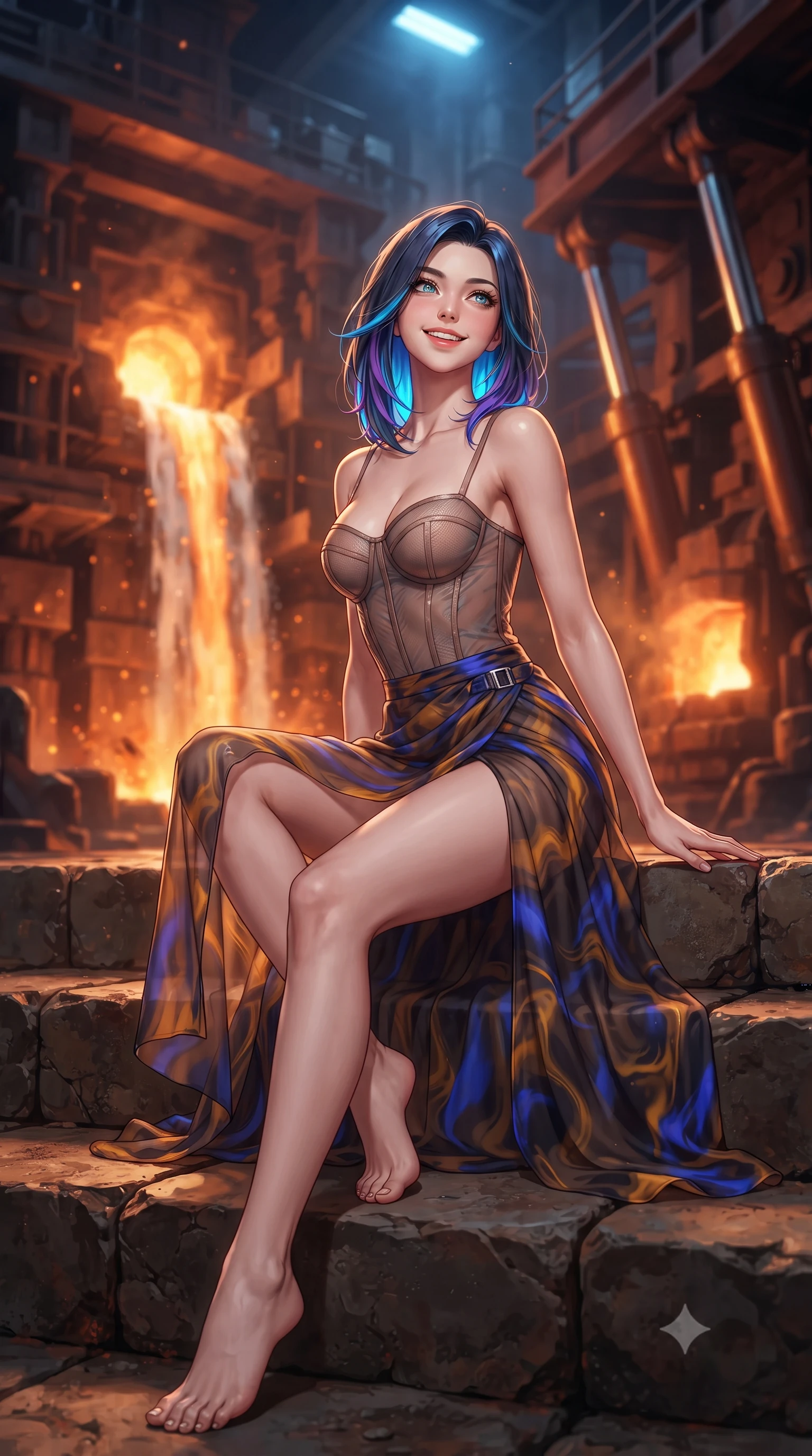 score_9, masterpiece, best quality, ultra-detailed, high-budget anime keyframe, editorial fashion photography, tasteful artistic composition, Caucasian woman. low angle full-body shot from head to toe showing her feet, filling the entire 9:16 vertical frame with her statuesque presence, stretching her vertical silhouette. sitting poised on the stone steps with one knee bent, arching her spine with supermodel elegance as she glances upward through thick eyelashes while twisting her slender torso in an alluring contrapposto stance beside the slag skimming crane, incandescent crimson magma light caressing her narrow waist and curvy hips. The background shows a soft-focus cascading waterfalls of molten liquid slag, glowing orange forge furnaces, and massive hydraulic piston exhausts blurred into amber, copper, and ruby bokeh. She has an exceptionally tall and slender model-like 8.5-heads proportion, an ultra-slim waist, a flat toned midriff, narrow delicate ribcage, and beautifully sculpted feminine hips creating a graceful, slim hourglass silhouette without any bulky heaviness, with impossibly long slender legs. sharp v-shaped jawline, high-bridge nose, intricate jewel-like sparkling eyes with depth, thick eyelashes, glossy parted lips with a natural peach sheen, bright cheerful beaming smile with an enchanting and coquettish sensual glint, exuding both youthful cute charm and seductive allure, flawlessly proportioned anatomical accuracy, strict slender model proportions, natural body alignment, perfectly sculpted long slender limbs, ultra-slim waistline, clean dynamic posture without body distortion. wearing a provocative translucent mesh corset bodice with boned satin channels paired with a sheer chiffon wrap maxi skirt in Jovian storm amber and electric cobalt, made of fluid liquid jersey with seamless sculpting hold and smooth contours, finished with sleek magnetic buckle closures fluttering in the breeze, the high-slit wrap tailoring accentuating her ultra-slim waistline and the enchanting curve of her feminine hips with alluring seductive charm. bathed in the intense warm 2000K radiant glow of molten titanium rivers contrasted with cool overhead blue safety strobes. ultra-reflective glossy finish, specular highlights, rich textural contrasts, high-contrast stereoscopic depth, volumetric dynamic lighting, 2k, ultra detail, master piece, 9:16 ratio