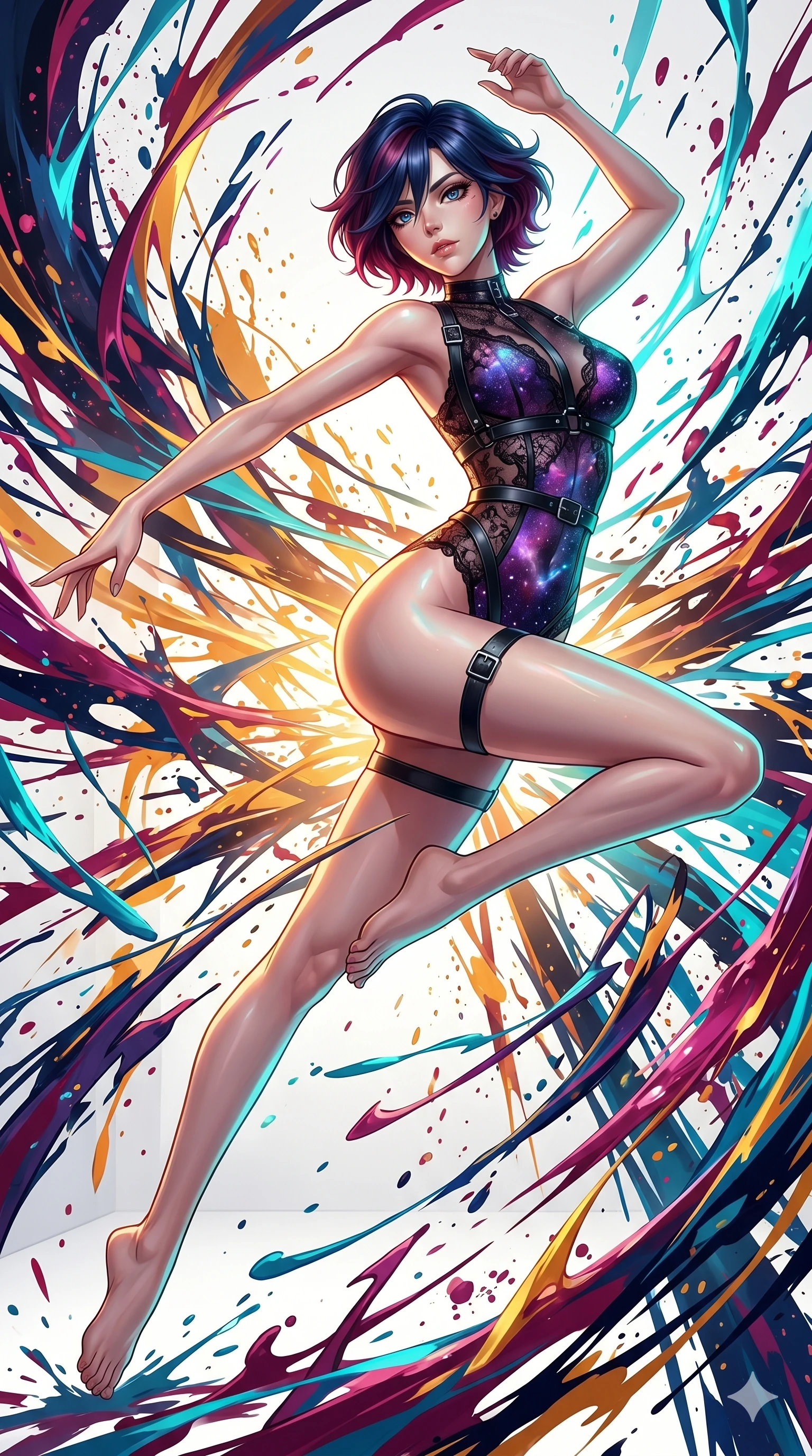 score_9, masterpiece, best quality, ultra-detailed, high-budget anime keyframe, Japanese woman. low angle full-body shot filling the entire 9:16 frame with her statuesque presence, stretching the vertical silhouette. leaping into a vorticist paint splatter dimension where thousands of vivid acrylic paint ribbons and splatters swirl around her in a white gallery void. She has an absolutely perfect 8-heads proportion, an exceptionally tall and slender female figure with impossibly long slender legs and an ultra-slim waist. V-shaped jawline, high-bridge nose, intricate jewel-like eyes with depth, thick eyelashes, glossy lips with a natural sheen.. wearing a gothic nebula lace bodysuit, featuring a sheer black lace bodysuit with cosmic nebula patterns, reinforced by matte leather straps. showcasing a beautiful play of light and shadow, with warm golden rays clashing against cool cyan highlights. 2k, ultra detail, master piece, 9:16 ratio