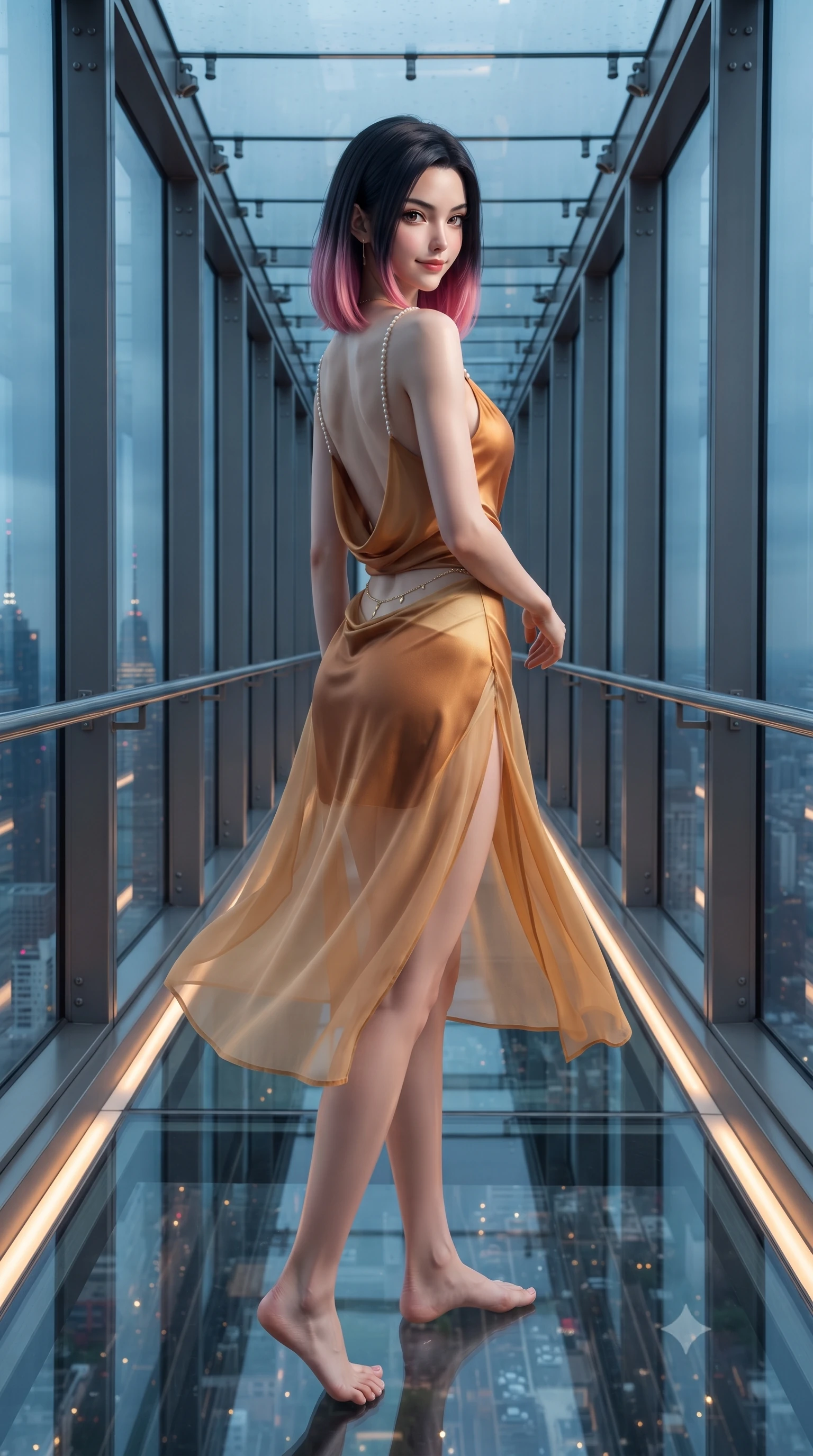 score_9, masterpiece, best quality, ultra-detailed, high-budget anime keyframe, editorial fashion photography, tasteful artistic composition, Korean woman. low angle full-body shot from head to toe showing her feet, filling the entire 9:16 vertical frame with her statuesque presence, stretching her vertical silhouette. executing a slow, graceful pivot turn as her skirt sways around her slender legs, glancing back with an enchanting, teasing sensual expression while walking slowly along the illuminated glass walkway, hips swaying in an alluring kinetic rhythm that commands the aerial cityscape. The surrounding environment is rendered in vivid detail and crisp panoramic clarity: sharp glass skybridge joint gaskets, structural titanium ribbing, and distant skyscraper antenna beacons in deep focus. She has an absolutely perfect, statuesque 8.5-heads proportion, an exceptionally tall and slender model-like female figure with impossibly long slender legs, an ultra-slim waist, a flat toned midriff, narrow delicate ribcage, and beautifully sculpted feminine hips creating a graceful, slim hourglass silhouette without any bulky heaviness. sharp v-shaped jawline, high-bridge nose, sparkling eyes with hypnotic seductive depth, thick curled eyelashes, glossy parted lips with a natural dewy peach sheen, alluring bedroom-eyes with an enchanting coquettish smile, exuding magnetic siren charisma and sophisticated glamour, flawlessly proportioned anatomical accuracy, strict slender model proportions, natural body alignment, perfectly sculpted long slender limbs, ultra-slim waistline, clean dynamic posture without body distortion. wearing a low-cut draped cowl-back satin ballet slip mini dress with dainty pearl spaghetti straps in warm amber honey and antique gold leaf, made of sheer gossamer chiffon that drapes softly against skin with airy translucence, accented with a dainty gold belly chain resting across her flat midriff and curving hips, the high-slit wrap tailoring accentuating her ultra-slim waistline and the enchanting curve of her feminine hips with alluring seductive charm. bathed in cool ambient storm light mixed with warm floor LED lighting strips along the skybridge walkway. ultra-reflective glossy finish, specular highlights, rich textural contrasts, high-contrast stereoscopic depth, volumetric dynamic lighting, 2k, ultra detail, master piece, 9:16 ratio
