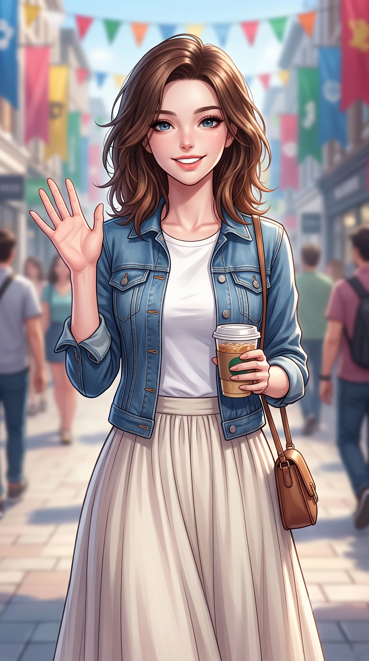 score_9, masterpiece, best quality, ultra-detailed, high-budget anime keyframe, editorial fashion photography, tasteful artistic composition, Korean woman. close-up cowboy shot from the waist and thighs up, the character dominates the composition, filling the frame with her large presence, background elements kept in soft focus. flashing a sweet, beaming smile while waving one hand gently toward the camera set against a soft-focus background of walking down a pedestrian shopping boulevard with colorful flags overhead holding a trendy paper cup of iced coffee and a small leather purse. She has an exceptionally elegant, slender, and willowy female figure with an ultra-slim waist, a gracefully sculpted slender torso, and a refined silhouette. sharp v-shaped jawline, high-bridge nose, intricate jewel-like eyes with depth, thick eyelashes, glossy lips with a natural sheen. wearing body-hugging casual denim jacket worn over a simple white tee and a long cotton skirt. cool midday daylight creating a clean, high-key editorial look in the plaza. highly saturated vibrant anime colors, detailed shading with soft gradients, rich glossy textures, high-contrast stereoscopic depth, volumetric dynamic lighting, master piece, 9:16 ratio