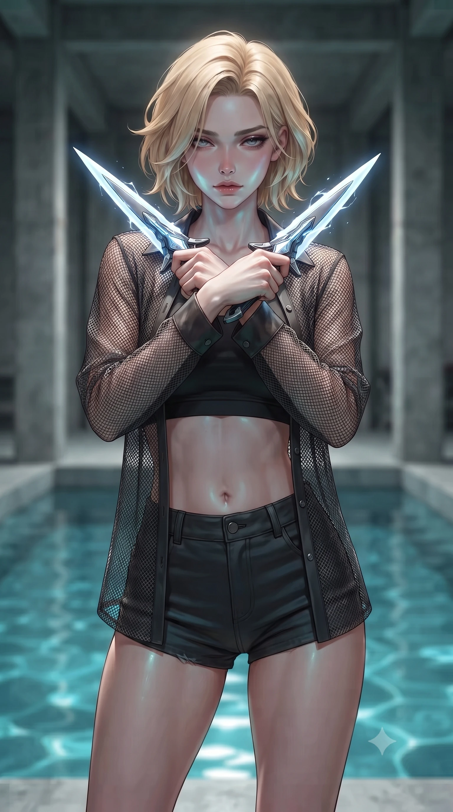 score_9, masterpiece, best quality, ultra-detailed, high-budget anime keyframe, editorial fashion photography, tasteful artistic composition, Caucasian woman. close-up cowboy shot from the waist and thighs up, the character dominates the composition, filling the frame with her large presence, background elements kept in soft focus. holding two energy daggers crossed in front of her elegant collarbone, casting a heavy-lidded, sultry look, the background shows a soft-focus a water pump room with concrete pillars and a large open cooling pool. She has an exceptionally elegant, slender, and willowy female figure with an ultra-slim waist, a gracefully sculpted slender torso, and a refined silhouette. sharp v-shaped jawline, high-bridge nose, intricate jewel-like eyes with depth, thick eyelashes, glossy lips with a natural sheen. wearing a tailored lightweight carbon-mesh cover-up shirt worn open over a crop top and high-cut combat shorts. shifting aqua light reflections from the pool water mapping across her features. ultra-reflective glossy finish, specular highlights, metallic sheen, high-contrast stereoscopic depth, volumetric dynamic lighting, 2k, ultra detail, master piece, 9:16 ratio