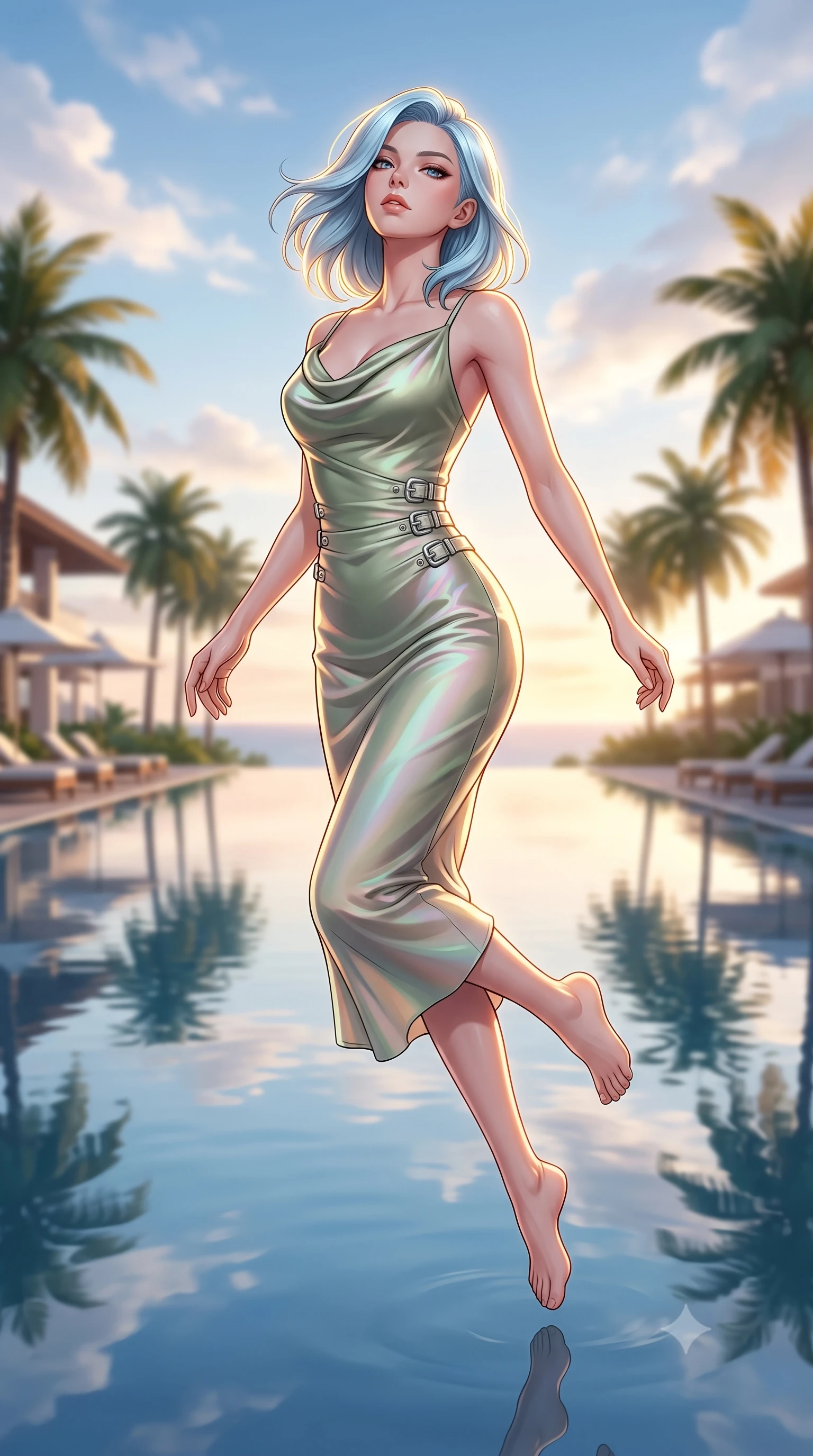 score_9, masterpiece, best quality, ultra-detailed, high-budget anime keyframe, editorial fashion photography, tasteful artistic composition, Korean woman. close-up cowboy shot from the waist and thighs up, the character dominates the composition, filling the frame with her large presence, background elements kept in soft focus. Tilting her chin up with an air of effortless superiority while balancing dynamically amidst the scene while leaping gracefully over an infinity reflecting pool mirroring a warm golden sunset sky, still pool waters mirroring her slender silhouette and the open cloudscape. She has an exceptionally elegant, slender, and willowy female figure with an ultra-slim waist, a gracefully sculpted slender torso, and a refined silhouette. sharp v-shaped jawline, high-bridge nose, intricate jewel-like eyes with depth, thick eyelashes, glossy lips with a natural sheen, flawlessly proportioned anatomical accuracy, natural body alignment, perfectly sculpted elegant limbs, clean dynamic posture without body distortion. wearing an elegant cowl-neck satin midi dress with a graceful draped neckline in sage green and oatmeal, crafted from iridescent chiffon that shifts colors in the light, detailed with polished silver buckles along the waistline, the glove-like fit emphasizing her statuesque silhouette during motion. illuminated by soft glowing sunset radiance with dramatic golden rim highlights. highly saturated vibrant anime colors, detailed shading with soft gradients, rich glossy textures, high-contrast stereoscopic depth, volumetric dynamic lighting, master piece, 9:16 ratio