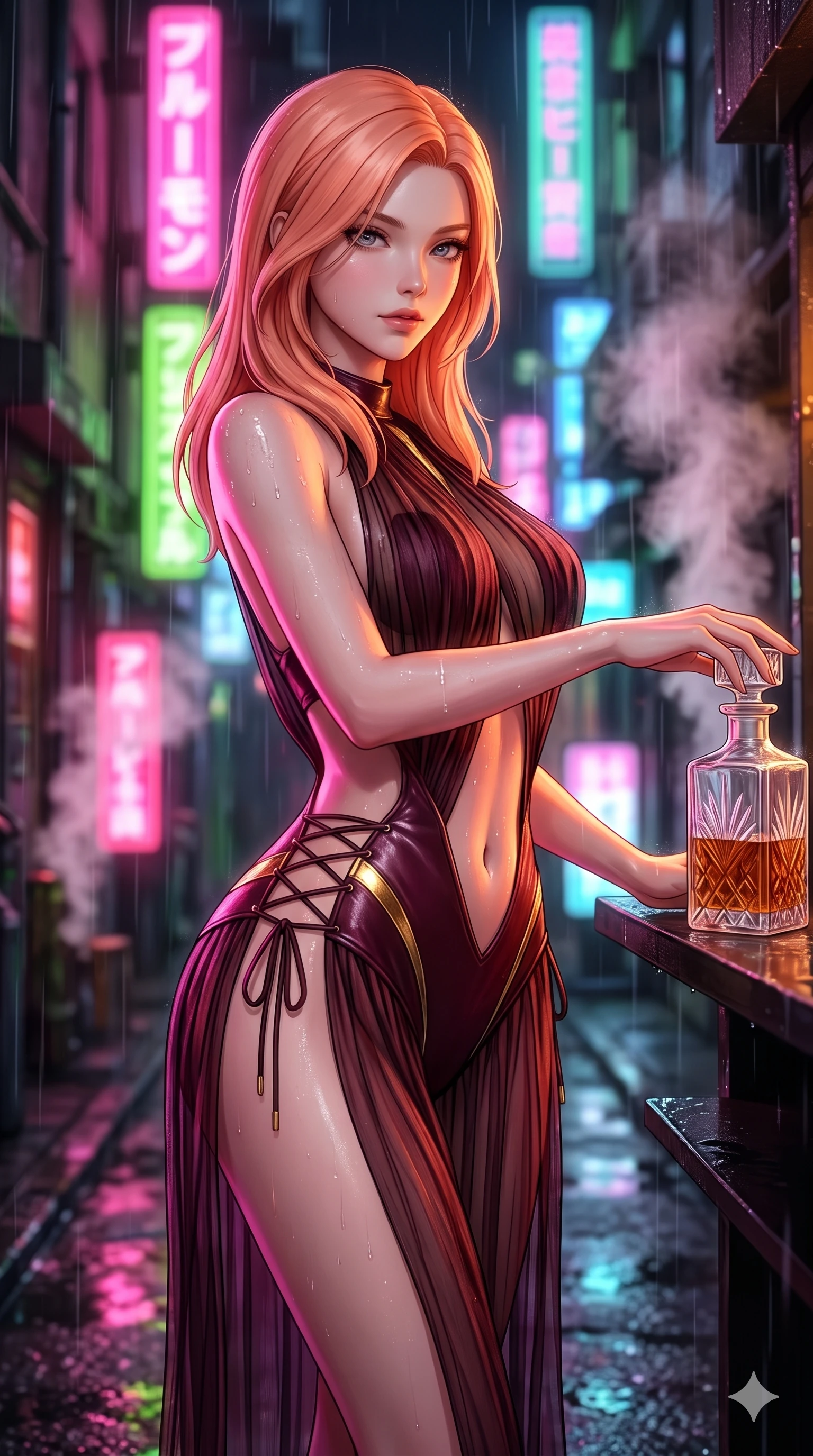 score_9, masterpiece, best quality, ultra-detailed, high-budget anime keyframe, semi-realistic 3D game render, editorial fashion photography, tasteful artistic composition, Japanese woman. close-up cowboy shot from the waist and thighs up, the character dominates the composition, filling the frame with her large presence. twisting her slender torso in an alluring S-curve while reaching for a vintage crystal decanter, her dark tailored fit highlighting her hourglass curves while twisting her slender torso in an alluring S-curve in the narrow alley, neon pink and amber reflections contouring her flat midriff and hips. The background shows a soft-focus dense vertical neon signs in hot pink, lime green, and electric blue, rising steam plumes, and wet asphalt blurred into neon candy bokeh. She has an exceptionally elegant, slender, and willowy female figure with an ultra-slim waist, flat toned midriff, narrow ribcage, and sculpted feminine hips creating an alluring, slim hourglass silhouette without bulk. sharp v-shaped jawline, high-bridge nose, intricate jewel-like dark sparkling eyes with dangerous depth, thick curled eyelashes, glossy parted lips with a rich wine sheen, smoldering seductive half-smile with bedroom-eyes, exuding effortless superiority and intoxicating dark allure, flawlessly proportioned anatomical accuracy, strict slender model proportions, natural body alignment, perfectly sculpted long slender limbs, ultra-slim waistline, clean dynamic posture without body distortion. wearing a low-slung cutaway leather bodysuit with bare hip flanks and criss-cross cord ties in deep wine burgundy and lustrous gold foil, crafted from semi-sheer pleated silk chiffon layered over an opaque second-skin underlayer, finished with glistening rain droplets beading across her sculpted shoulders and flat midriff, the high-slit wrap tailoring accentuating her ultra-slim waistline and the enchanting curve of her feminine hips with alluring seductive charm. bathed in high-saturation multi-hued neon reflections bouncing off wet alley walls and glistening skin. highly saturated vibrant anime colors, detailed shading with soft gradients, rich glossy textures, high-contrast stereoscopic depth, volumetric dynamic lighting, master piece, 9:16 ratio