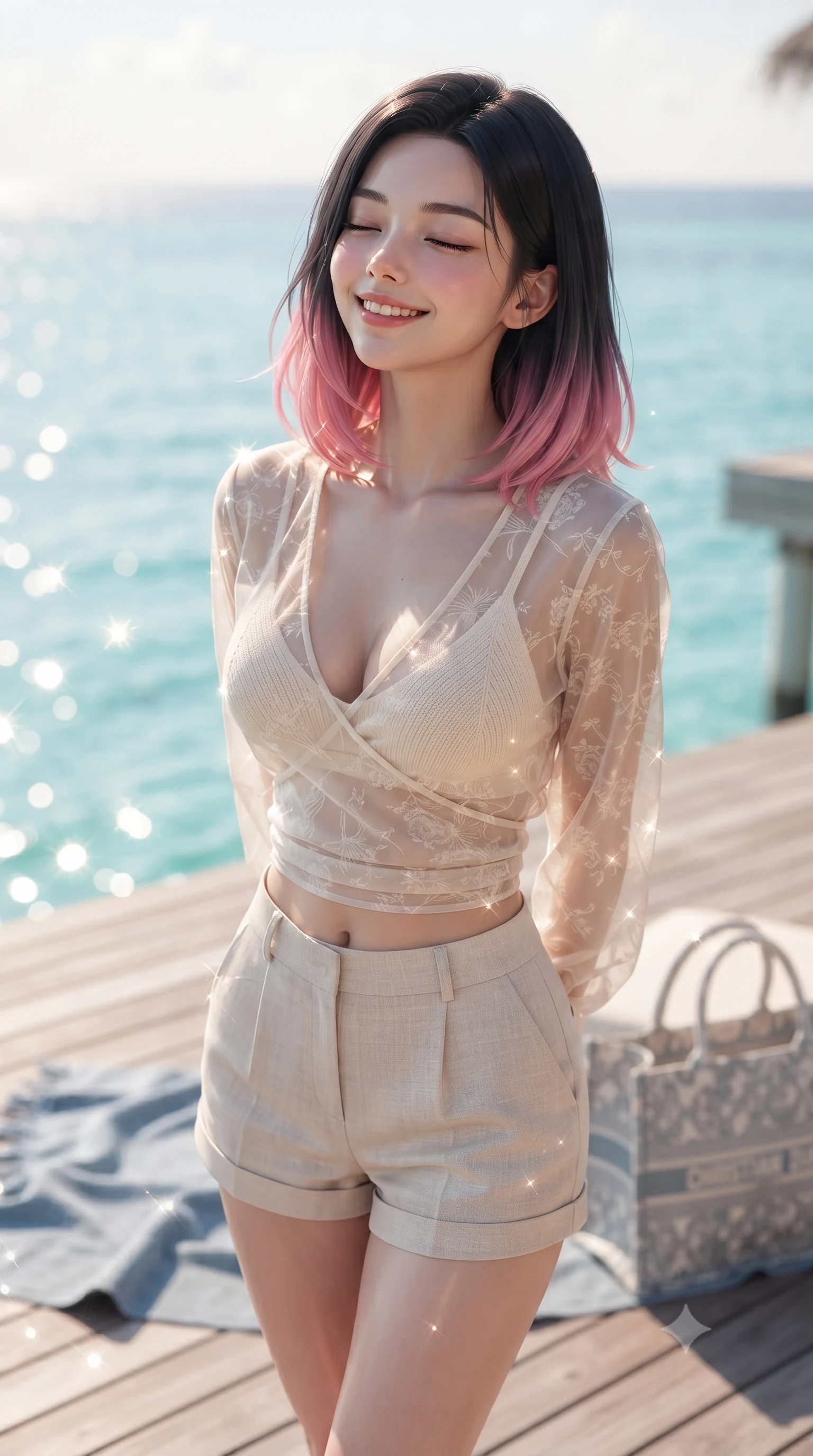 score_9, masterpiece, best quality, ultra-detailed, high-budget anime keyframe, editorial fashion photography, tasteful artistic composition, Korean woman. close-up cowboy shot from the waist and thighs up, the character dominates the composition, filling the frame with her large presence, background elements kept in soft focus. smiling happily with closed eyes, enjoying the warm sunbeams on her face set against a soft-focus background of on a private wooden deck of a luxury resort villa overlooking a turquoise lagoon with a soft linen beach towel and a cute canvas tote bag nearby. She has an exceptionally elegant, slender, and willowy female figure with an ultra-slim waist, a gracefully sculpted slender torso, and a refined silhouette. sharp v-shaped jawline, high-bridge nose, intricate jewel-like eyes with depth, thick eyelashes, glossy lips with a natural sheen. wearing form-contouring sheer organza wrap top over a slim-fit knit bralette and low-cut linen shorts. fresh morning sun rays creating sparkling glints on the blue pool water. ultra-reflective glossy finish, specular highlights, metallic sheen, high-contrast stereoscopic depth, volumetric dynamic lighting, 2k, ultra detail, master piece, 9:16 ratio