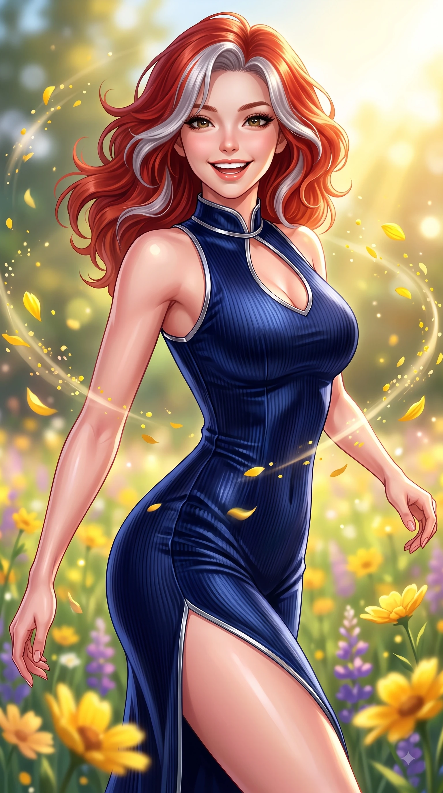 score_9, masterpiece, best quality, ultra-detailed, high-budget anime keyframe, editorial fashion photography, tasteful artistic composition, Caucasian woman. close-up cowboy shot from the waist and thighs up, the character dominates the composition, filling the frame with her large presence, background elements kept in soft focus. Gazing directly into the camera with a joyful, infectious smile as her torso curves dynamically in mid-stride while pivoting in a cheerful stride through a sunlit flower meadow with an open infectious smile, floating flower pollen and yellow petals drifting gracefully in dynamic orbital paths. She has an exceptionally elegant, slender, and willowy female figure with an ultra-slim waist, a gracefully sculpted slender torso, and a refined silhouette. sharp v-shaped jawline, high-bridge nose, intricate jewel-like eyes with depth, thick eyelashes, glossy lips with a natural sheen, flawlessly proportioned anatomical accuracy, natural body alignment, perfectly sculpted elegant limbs, clean dynamic posture without body distortion. wearing a form-fitting ribbed activewear set with elegant collar cutouts in midnight navy blue and chrome trim, made of premium stretch velvet with a rich sheen, finished with a sleek side slit ascending to mid-thigh, the form-contouring material highlighting her ultra-slim waist and long lines. bathed in brilliant sunny morning light and warm golden meadow sunbursts. highly saturated vibrant anime colors, detailed shading with soft gradients, rich glossy textures, high-contrast stereoscopic depth, volumetric dynamic lighting, master piece, 9:16 ratio