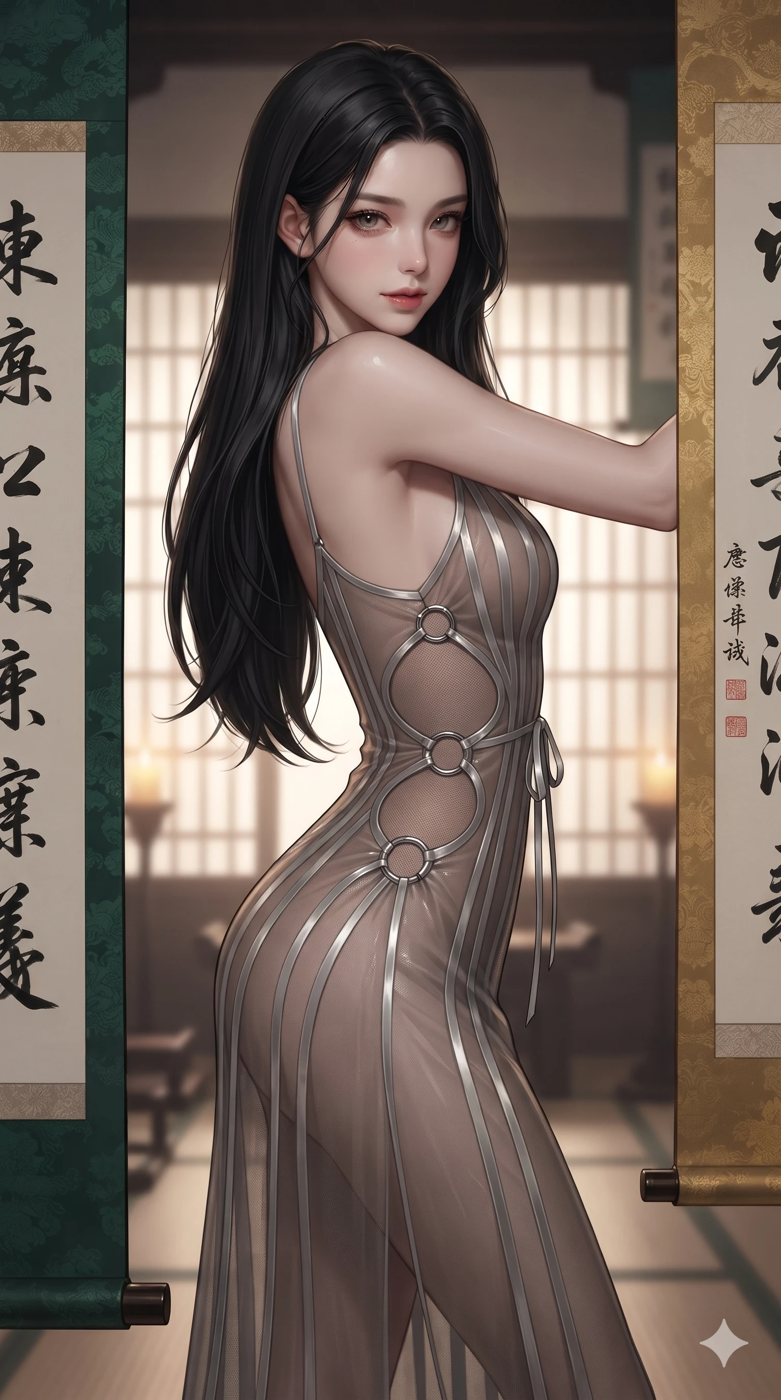 score_9, masterpiece, best quality, ultra-detailed, high-budget anime keyframe, editorial fashion photography, tasteful artistic composition, Korean woman. close-up cowboy shot from the waist and thighs up, the character dominates the composition, filling the frame with her large presence. twisting her slender torso in a deep contrapposto stance, hips dramatically shifted to accentuate her feminine curves while looking past her shoulder with smoldering bedroom-eyes while standing tall between towering hanging ink calligraphy scrolls, one hand on her hip as she looks into the lens with smoldering intensity. The background shows a soft-focus imperial scholar academy hall softened in scholarly sanctuary shallow focus. She has an exceptionally elegant, slender, and willowy female figure with an ultra-slim waist, flat toned midriff, narrow ribcage, and sculpted feminine hips creating an alluring, slim hourglass silhouette without bulk. sharp v-shaped jawline, high-bridge nose, sparkling eyes with hypnotic seductive depth, thick curled eyelashes, glossy parted lips with a natural dewy peach sheen, alluring bedroom-eyes with an enchanting coquettish smile, exuding magnetic siren charisma and sophisticated glamour, flawlessly proportioned anatomical accuracy, strict slender model proportions, natural body alignment, perfectly sculpted long slender limbs, ultra-slim waistline, clean dynamic posture without body distortion. wearing a plunge-front sheer illusion tulle slip dress with liquid platinum ribbon stripes and silk otgoreum ties hugging her curves in dark emerald forest and brushed antique gold, featuring strategic sheer-illusion micro-mesh cutouts along her ribcage and hip flanks, accented with sculptural chrome hardware rings framing the subtle cutouts, the glove-like clinging cut tightly following the natural contour of her hips and long slender legs with youthful 8.5-heads elegance. bathed in soft diffuse light filtering through paper shoji screens and warm oil lamp glow. ultra-reflective glossy finish, specular highlights, rich textural contrasts, high-contrast stereoscopic depth, volumetric dynamic lighting, 2k, ultra detail, master piece, 9:16 ratio