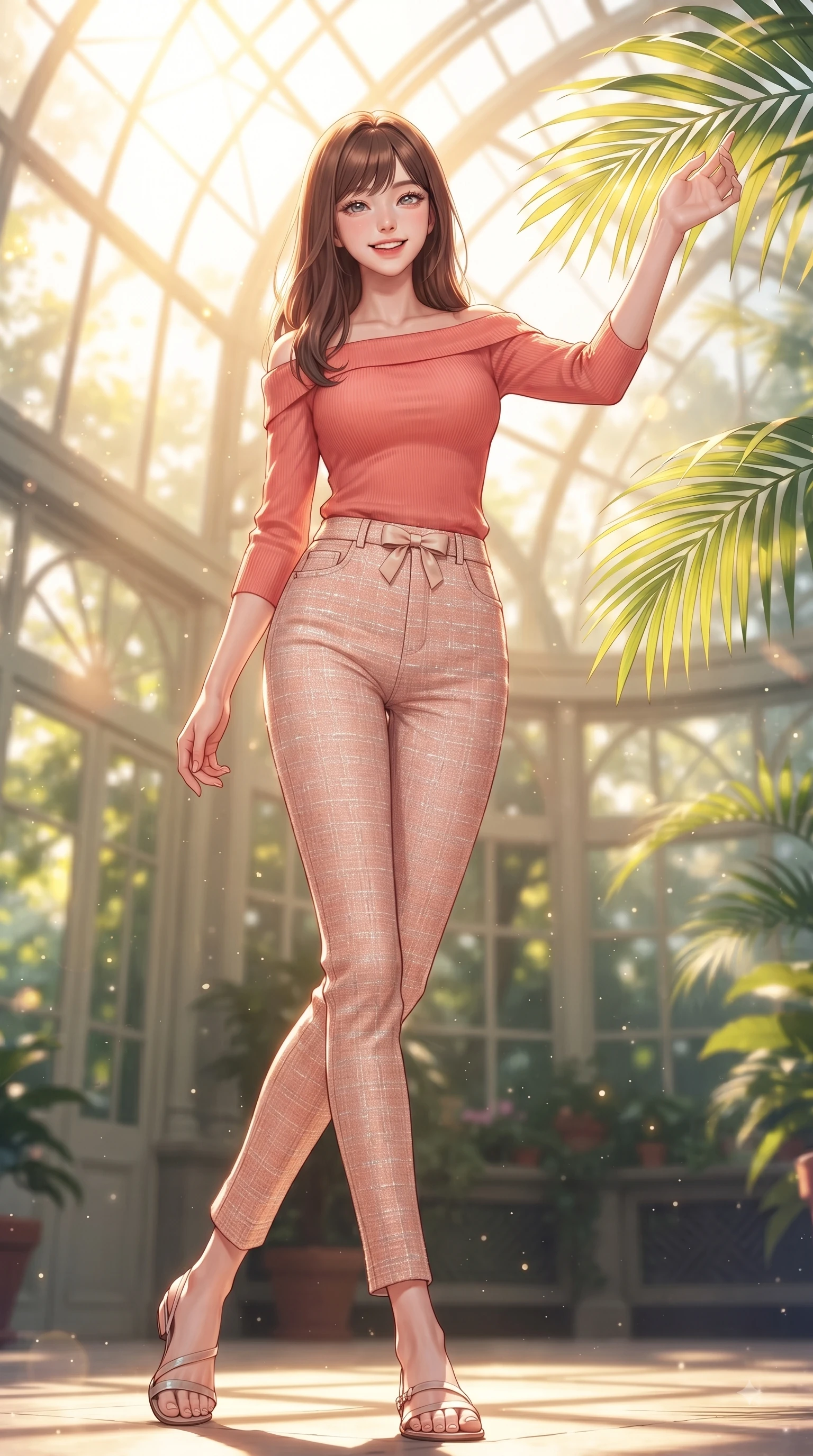 score_9, masterpiece, best quality, ultra-detailed, high-budget anime keyframe, editorial fashion photography, tasteful artistic composition, Korean woman. low angle full-body shot from head to toe showing her feet, filling the entire 9:16 vertical frame with her statuesque presence, stretching her vertical silhouette. performing a cheerful mid-motion turn with flawless poise, her radiant smile capturing fresh girlhood energy while reaching out playfully to touch a sun-lit green leaf while smiling with sparkling eyes into the lens. The composition keeps background elements in soft focus with dreamy bokeh. sun-drenched tropical palm leaves scattering soft background light motes around her silhouette. She has an absolutely perfect, statuesque 8.5-heads proportion, an exceptionally tall and slender model-like female figure with impossibly long slender legs and an ultra-slim waist. sharp v-shaped jawline, high-bridge nose, intricate jewel-like eyes with depth, thick eyelashes, glossy lips with a natural sheen, flawlessly proportioned anatomical accuracy, natural body alignment, perfectly sculpted elegant limbs, clean dynamic posture without body distortion. wearing a stylish off-shoulder coral knit top with slim-fit white stretch denim pants in warm coral pink and champagne ivory, tailored from soft pastel tweed with subtle metallic thread, accented with a dainty waist ribbon bow, the chic real-way fashion cut emphasizing her effortless charm. bathed in bright golden sunlight filtering through conservatory glass panes. ultra-reflective glossy finish, specular highlights, metallic sheen, high-contrast stereoscopic depth, volumetric dynamic lighting, 2k, ultra detail, master piece, 9:16 ratio