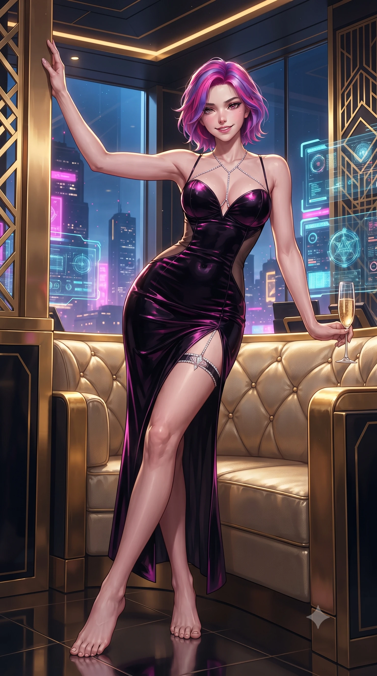 score_9, masterpiece, best quality, ultra-detailed, high-budget anime keyframe, editorial fashion photography, tasteful artistic composition, Caucasian woman. low angle full-body shot from head to toe showing her feet, filling the entire 9:16 vertical frame with her statuesque presence, stretching her vertical silhouette. standing tall beside the architectural column, one hand resting high while arching her lower back to emphasize her sculpted feminine hips and slender waist while lounging in the gold-trimmed VIP banquette propped on one elbow, holding a champagne flute with effortless sovereign gambler cool. The surrounding environment is rendered in vivid detail and crisp panoramic clarity: detailed liquid metallic lamé slip dress cling, diamond body harness shine, and futuristic penthouse casino architecture in razor-sharp precision. She has an absolutely perfect, statuesque 8.5-heads proportion, an exceptionally tall and slender model-like female figure with impossibly long slender legs, an ultra-slim waist, a flat toned midriff, narrow delicate ribcage, and beautifully sculpted feminine hips creating a graceful, slim hourglass silhouette without any bulky heaviness. sharp v-shaped jawline, high-bridge nose, sparkling eyes with hypnotic seductive depth, thick curled eyelashes, glossy parted lips with a natural dewy peach sheen, alluring bedroom-eyes with an enchanting coquettish smile, exuding magnetic siren charisma and sophisticated glamour, flawlessly proportioned anatomical accuracy, strict slender model proportions, natural body alignment, perfectly sculpted long slender limbs, ultra-slim waistline, clean dynamic posture without body distortion. wearing a deep sweetheart-neckline velvet bodycon dress with sheer side-torso cutouts accentuating her hourglass curves in wet-look onyx black with electric magenta reflections, made of sheer gossamer chiffon that drapes softly against skin with airy translucence, finished with delicate crystal-encrusted thigh garter straps glinting under the lights, the high-slit wrap tailoring accentuating her ultra-slim waistline and the enchanting curve of her feminine hips with alluring seductive charm. illuminated by city skyline neon reflections and sharp warm-gold rim lights sculpting her razor-sharp jawline, narrow waist, and curvy hips. ultra-reflective glossy finish, specular highlights, rich textural contrasts, high-contrast stereoscopic depth, volumetric dynamic lighting, 2k, ultra detail, master piece, 9:16 ratio