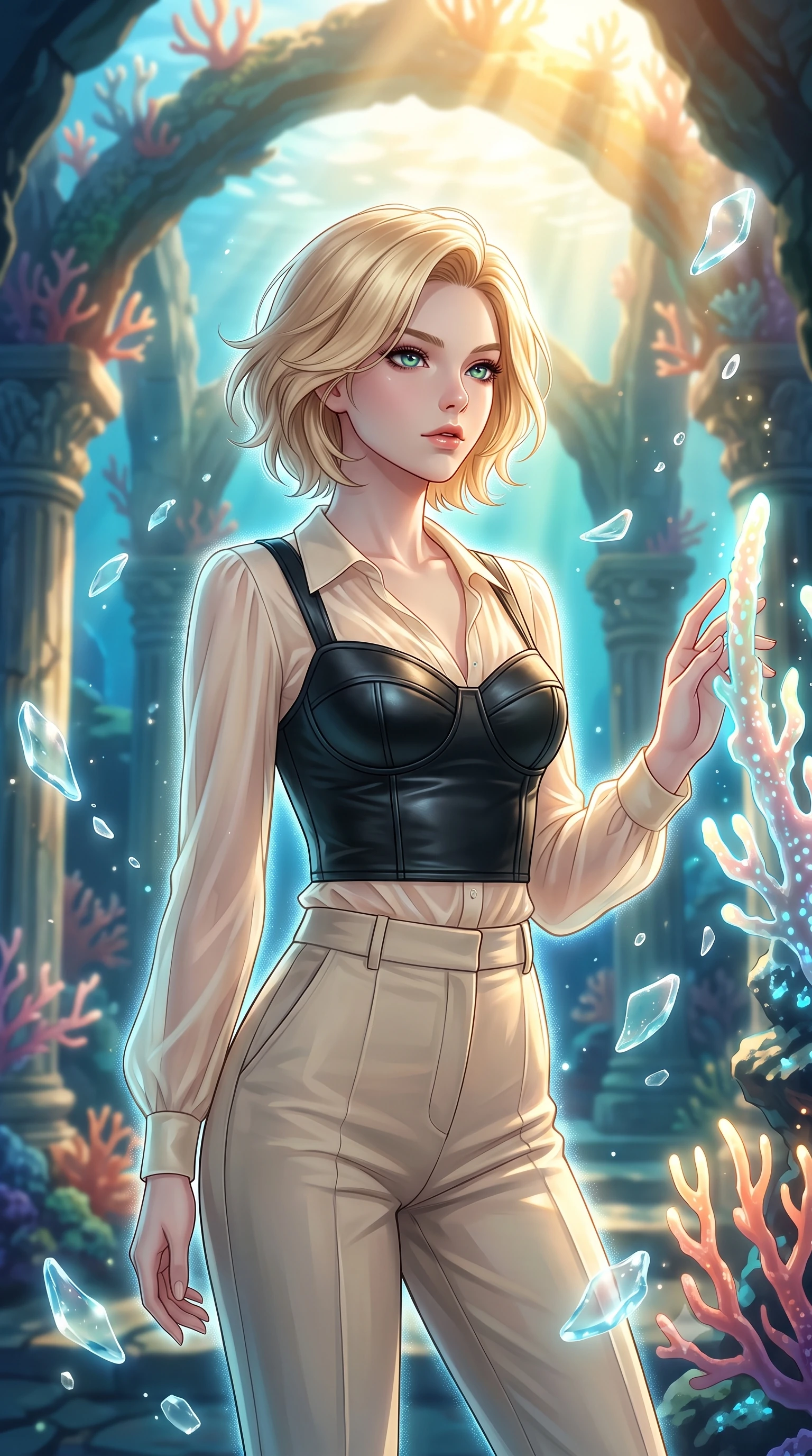 score_9, masterpiece, best quality, ultra-detailed, high-budget anime keyframe, editorial fashion photography, tasteful artistic composition, Caucasian woman. close-up cowboy shot from the waist and thighs up, the character dominates the composition, filling the frame with her large presence, background elements kept in soft focus. Gazing past the camera with an air of effortless elegance and mysterious confidence touching a bioluminescent coral spire in a sun-drenched underwater cathedral, translucent sea glass fragments drifting gracefully around her. She has an exceptionally elegant, slender, and willowy female figure with an ultra-slim waist, a gracefully sculpted slender torso, and a refined silhouette. sharp v-shaped jawline, high-bridge nose, intricate jewel-like eyes with depth, thick eyelashes, glossy lips with a natural sheen. wearing a tailored leather bustier over a sheer silk chiffon blouse with tailored slacks, the sleek second-skin texture accentuating her magnetic presence. surrounded by a shimmering ocean aura with bright pearl-white rim lights. highly saturated vibrant anime colors, detailed shading with soft gradients, rich glossy textures, high-contrast stereoscopic depth, volumetric dynamic lighting, master piece, 9:16 ratio