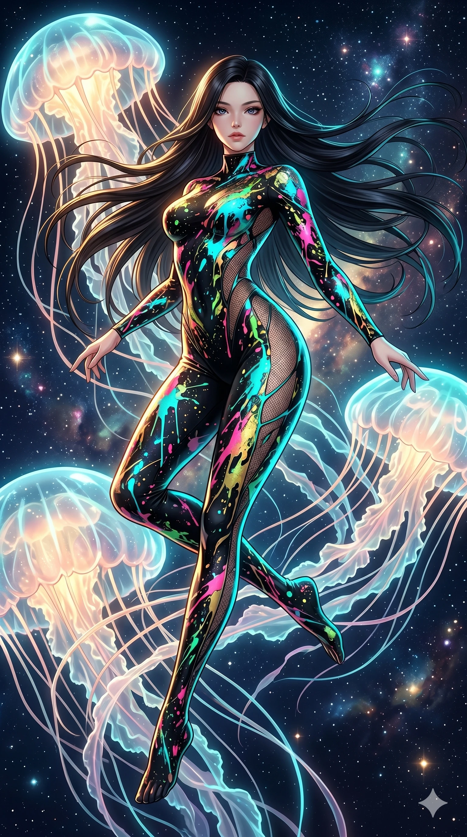 score_9, masterpiece, best quality, ultra-detailed, high-budget anime keyframe, Japanese woman. low angle full-body shot filling the entire 9:16 frame with her statuesque presence, stretching the vertical silhouette. swirling gracefully among the glowing ribbon-like tentacles of giant bioluminescent jellyfish floating in a starry sky garden. She has an absolutely perfect 8-heads proportion, an exceptionally tall and slender female figure with impossibly long slender legs and an ultra-slim waist. V-shaped jawline, high-bridge nose, intricate jewel-like eyes with depth, thick eyelashes, glossy lips with a natural sheen.. wearing a liquid acrylic splash bodysuit, featuring a skin-tight bodysuit that looks like vivid fluorescent acrylic paint splattered and dried, with sheer mesh side panels. showcasing a beautiful play of light and shadow, with warm golden rays clashing against cool cyan highlights. 2k, ultra detail, master piece, 9:16 ratio