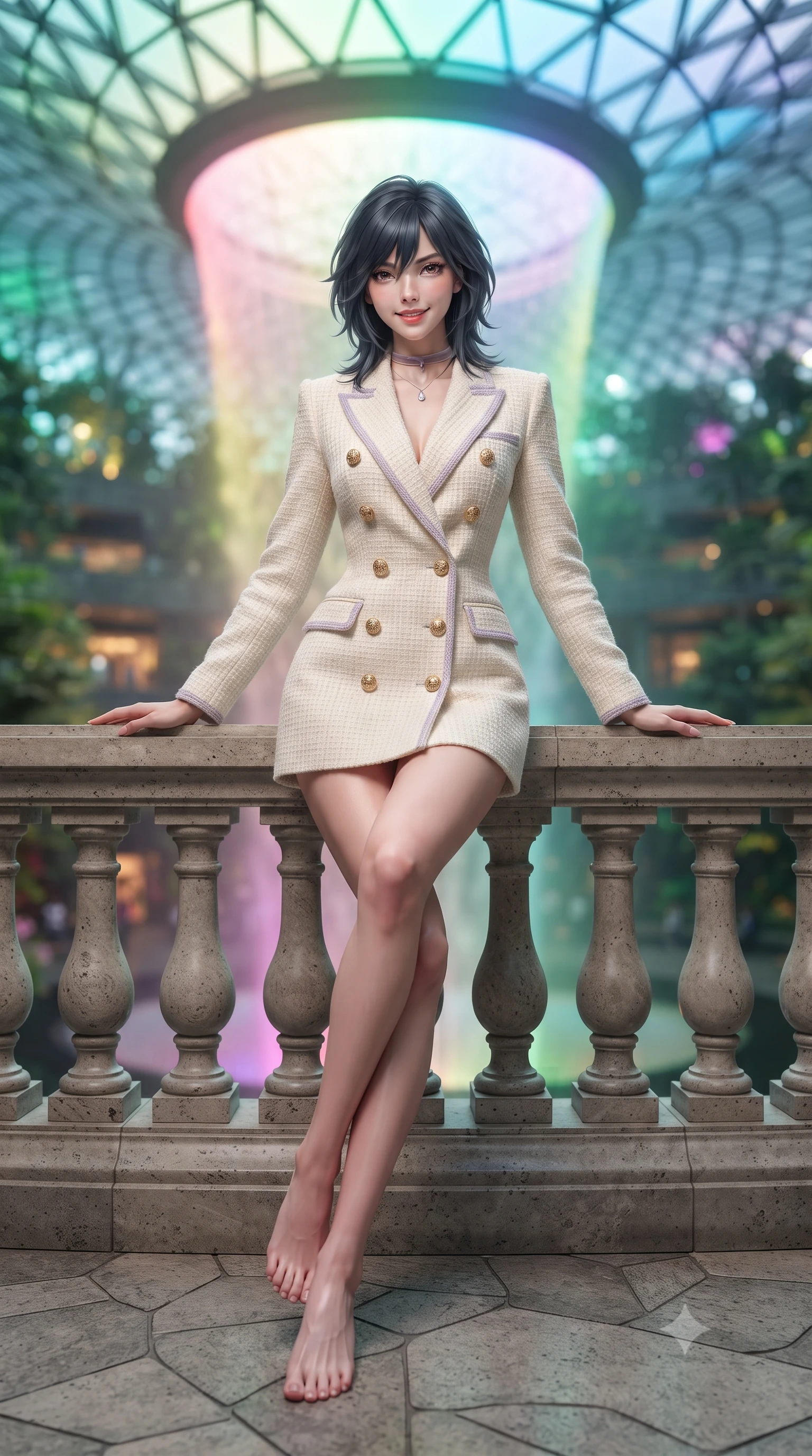 score_9, masterpiece, best quality, ultra-detailed, high-budget anime keyframe, editorial fashion photography, tasteful artistic composition, Caucasian woman. low angle full-body shot from head to toe showing her feet, filling the entire 9:16 vertical frame with her statuesque presence, stretching her vertical silhouette. leaning deep against the balcony balustrade with hips cocked back in an unapologetically alluring high-fashion stance, casting an intoxicating glance while sitting gracefully on the sculptured stone terrace with legs crossed, running one manicured hand slowly down her neck with magnetic poise. The background shows a soft-focus colossal indoor circular waterfall illuminated in prismatic rainbow light, multi-tiered indoor rainforest terraces, and glass toroidal roof blurred into emerald, cyan, and rose bokeh. She has an exceptionally tall and slender model-like 8.5-heads proportion, an ultra-slim waist, a flat toned midriff, narrow delicate ribcage, and beautifully sculpted feminine hips creating a graceful, slim hourglass silhouette without any bulky heaviness, with impossibly long slender legs. sharp v-shaped jawline, high-bridge nose, intricate jewel-like sparkling eyes with depth, thick eyelashes, glossy parted lips with a natural peach sheen, bright cheerful beaming smile with an enchanting and coquettish sensual glint, exuding both youthful cute charm and seductive allure, flawlessly proportioned anatomical accuracy, strict slender model proportions, natural body alignment, perfectly sculpted long slender limbs, ultra-slim waistline, clean dynamic posture without body distortion. wearing a tailored ivory tweed double-breasted blazer dress with gold heraldic crest buttons in Luberon lavender purple and Provençal limestone cream, tailored from ultra-plush silk velvet with rich tactile depth and deep shadow gradients, finished with a thin velvet ribbon choker and a single teardrop diamond pendant, the bespoke structured tailoring following the natural line of her 8.5-heads silhouette with refined elegance. illuminated by waterfall spray specular bounce and sharp rainbow-platinum rim lights defining her dewy collarbones, ultra-slim waist, and curvy hips. ultra-reflective glossy finish, specular highlights, rich textural contrasts, high-contrast stereoscopic depth, volumetric dynamic lighting, 2k, ultra detail, master piece, 9:16 ratio