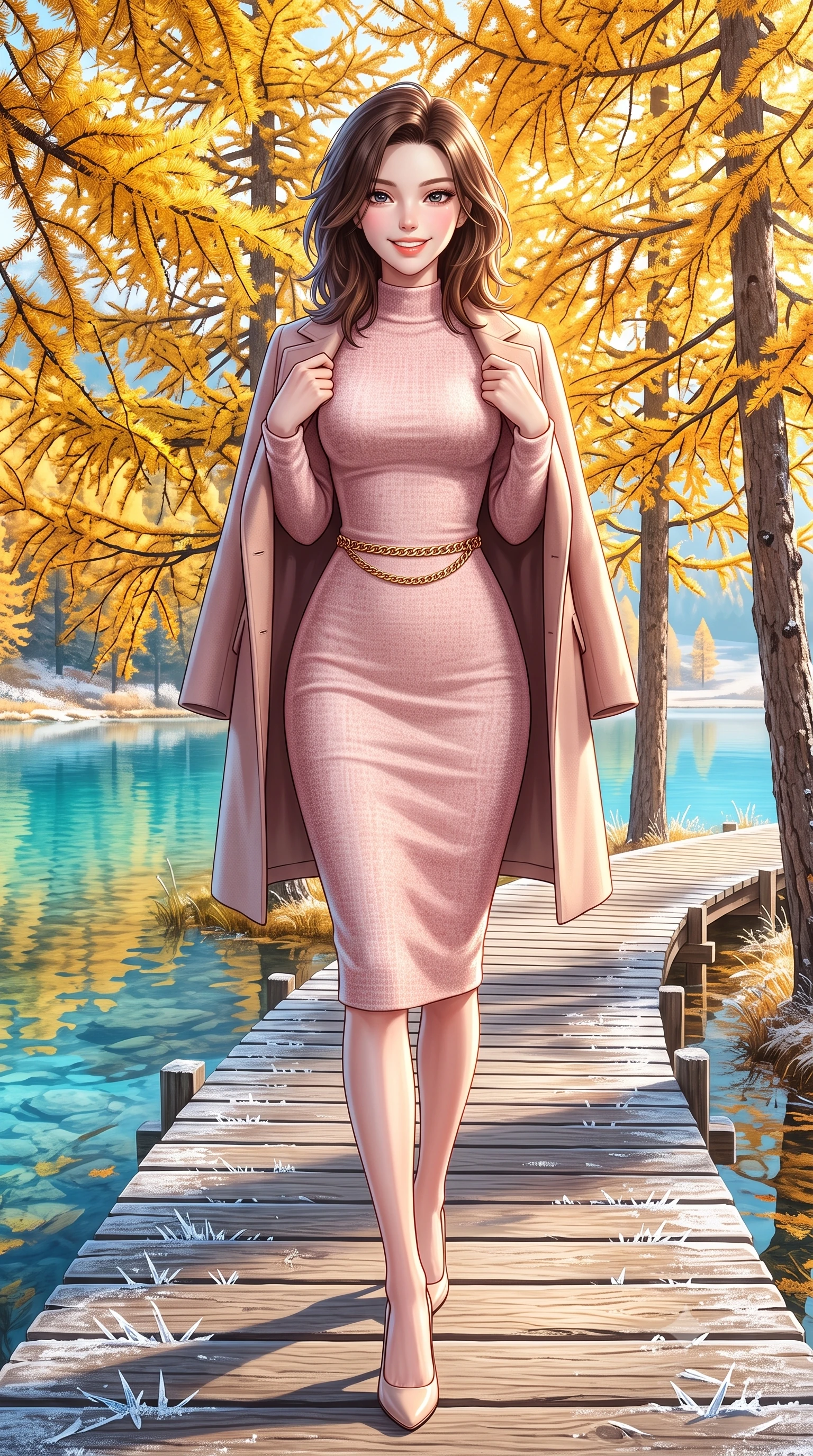 score_9, masterpiece, best quality, ultra-detailed, high-budget anime keyframe, semi-realistic 3D game render, editorial fashion photography, tasteful artistic composition, Korean woman. low angle full-body shot from head to toe showing her feet, filling the entire 9:16 vertical frame with her statuesque presence, stretching her vertical silhouette. stepping forward in a confident stride, her long slender legs and curvaceous hips creating a dynamic, sweeping vertical line while pausing beneath a stand of brilliant golden larch trees reflecting in the turquoise water, holding her coat lapels with refined elegance. The surrounding environment is rendered in vivid detail and crisp panoramic clarity: sharp ice crystal needles on wooden boardwalk planks, fallen larch needles, and ripples on glassy water in deep focus. She has an exceptionally tall and slender model-like 8.5-heads proportion, an ultra-slim waist, a flat toned midriff, narrow delicate ribcage, and beautifully sculpted feminine hips creating a graceful, slim hourglass silhouette without any bulky heaviness, with impossibly long slender legs. sharp v-shaped jawline, high-bridge nose, intricate jewel-like sparkling eyes with depth, thick eyelashes, glossy parted lips with a natural peach sheen, bright cheerful beaming smile with an enchanting and coquettish sensual glint, exuding both youthful cute charm and seductive allure, flawlessly proportioned anatomical accuracy, strict slender model proportions, natural body alignment, perfectly sculpted long slender limbs, ultra-slim waistline, clean dynamic posture without body distortion. wearing a sleek stretch velvet mock-neck bodycon midi dress with long sleeves contouring her willowy torso and hips in Parisian pastel rose bouclé and cream pearl, made of high-gauge compact silk knit that hugs her curves with seamless sculpted precision, finished with a sleek gold chain belt resting snugly across her narrow waist and curving hips, the form-contouring silhouette accentuating her sculpted flat midriff, narrow delicate ribcage, and gracefully curvy hips with intoxicating allure. illuminated by frosted ground bounce and sharp crystalline rim lights defining her features, narrow waist, and statuesque height. highly saturated vibrant anime colors, detailed shading with soft gradients, rich glossy textures, high-contrast stereoscopic depth, volumetric dynamic lighting, master piece, 9:16 ratio