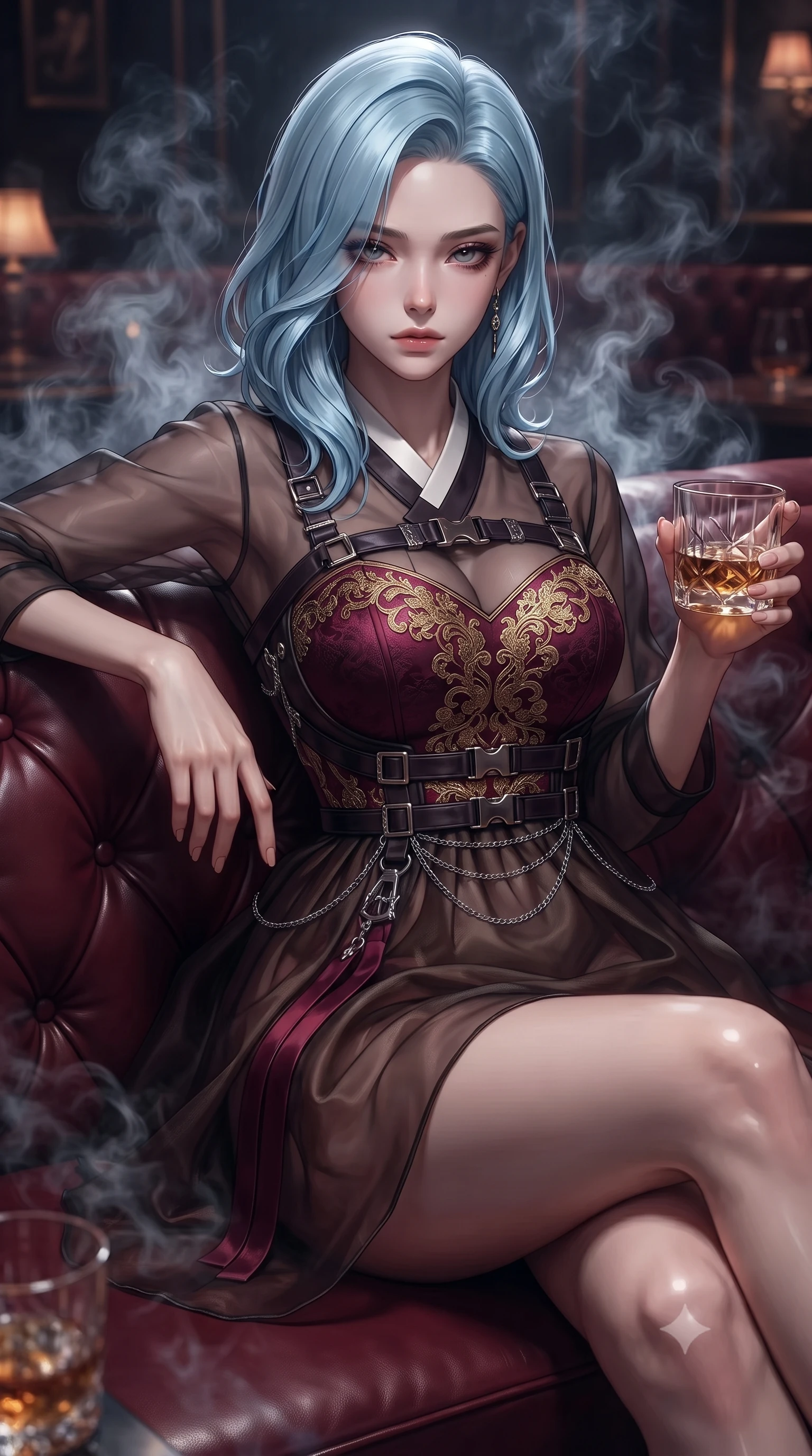 score_9, masterpiece, best quality, ultra-detailed, high-budget anime keyframe, editorial fashion photography, tasteful artistic composition, Korean woman. close-up cowboy shot from the waist and thighs up, the character dominates the composition, filling the frame with her large presence, background elements kept in soft focus. Casting a slow, direct gaze beneath heavy lashes with quiet intensity, resting against a tufted leather booth cushion surrounded by swirling aromatic smoke, sensual nocturnal ambiance with high-fashion luxury details. She has an exceptionally elegant, slender, and willowy female figure with an ultra-slim waist, a gracefully sculpted slender torso, and a refined silhouette. sharp v-shaped jawline, high-bridge nose, intricate jewel-like eyes with depth, thick eyelashes, glossy lips with a natural sheen. wearing modern fusion white hanbok dress with structured gold-embroidered bodice in deep crimson burgundy, made of sheer dark organza overlay, framed by dark titanium buckles and silver chain details, contouring every curve with an exceptionally elegant silhouette. surrounded by moody chiaroscuro with sharp specular glints on glass and skin. ultra-reflective glossy finish, specular highlights, metallic sheen, high-contrast stereoscopic depth, volumetric dynamic lighting, 2k, ultra detail, master piece, 9:16 ratio
