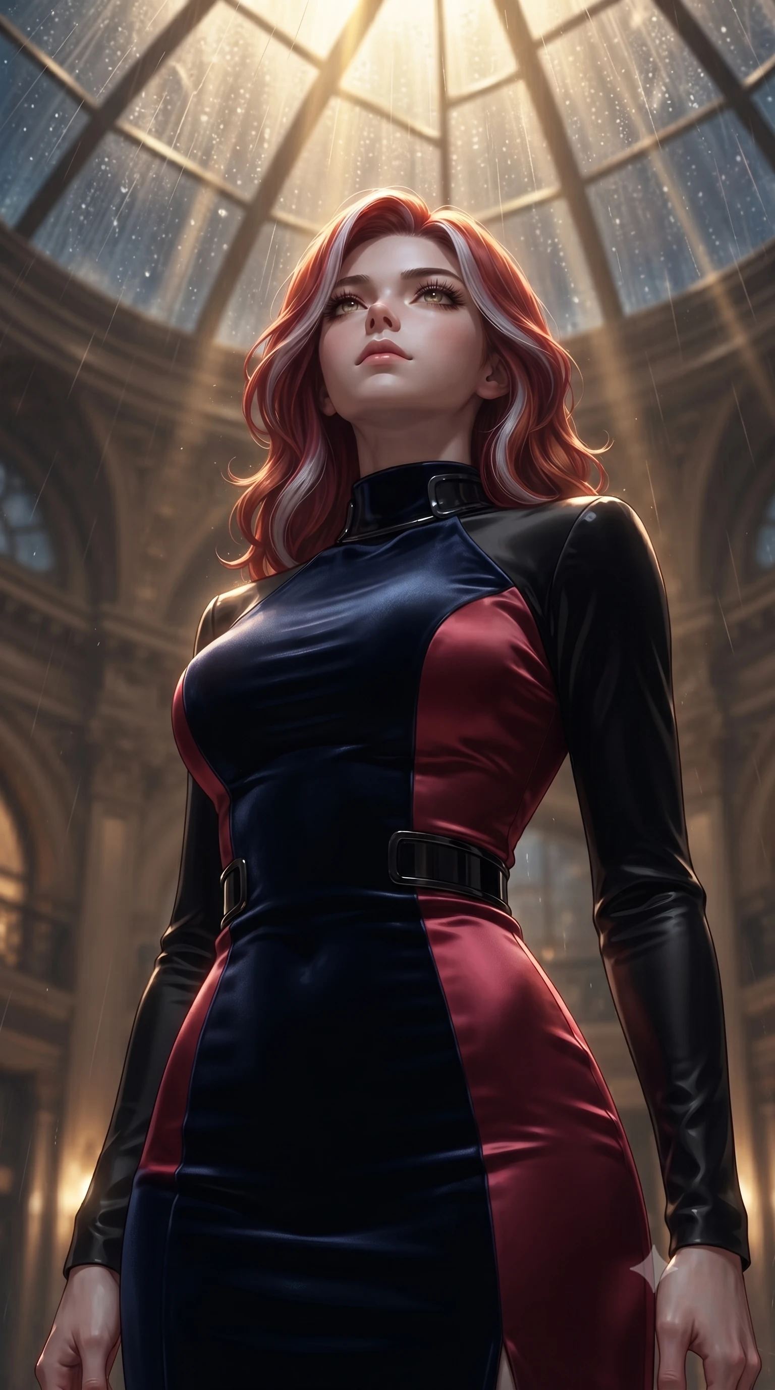 score_9, masterpiece, best quality, ultra-detailed, high-budget anime keyframe, editorial fashion photography, tasteful artistic composition, Caucasian woman. close-up cowboy shot from the waist and thighs up, the character dominates the composition, filling the frame with her large presence, background elements kept in soft focus. Casting a slow, direct gaze beneath heavy lashes with quiet intensity, looking up at the rain-streaked glass ceiling with a calm, composed expression, cool night atmosphere outside contrasting with warm humid interior steam. She has an exceptionally elegant, slender, and willowy female figure with an ultra-slim waist, a gracefully sculpted slender torso, and a refined silhouette. sharp v-shaped jawline, high-bridge nose, intricate jewel-like eyes with depth, thick eyelashes, glossy lips with a natural sheen. wearing floor-length high-neck midnight navy velvet gown with long sleeves in pitch-black onyx, made of soft crimson satin, adorned with minimalist black onyx hardware framing the silhouette, sculpting her athletic slender build with refined precision. lit by low-key golden rays piercing through rain-streaked glass. ultra-reflective glossy finish, specular highlights, metallic sheen, high-contrast stereoscopic depth, volumetric dynamic lighting, 2k, ultra detail, master piece, 9:16 ratio