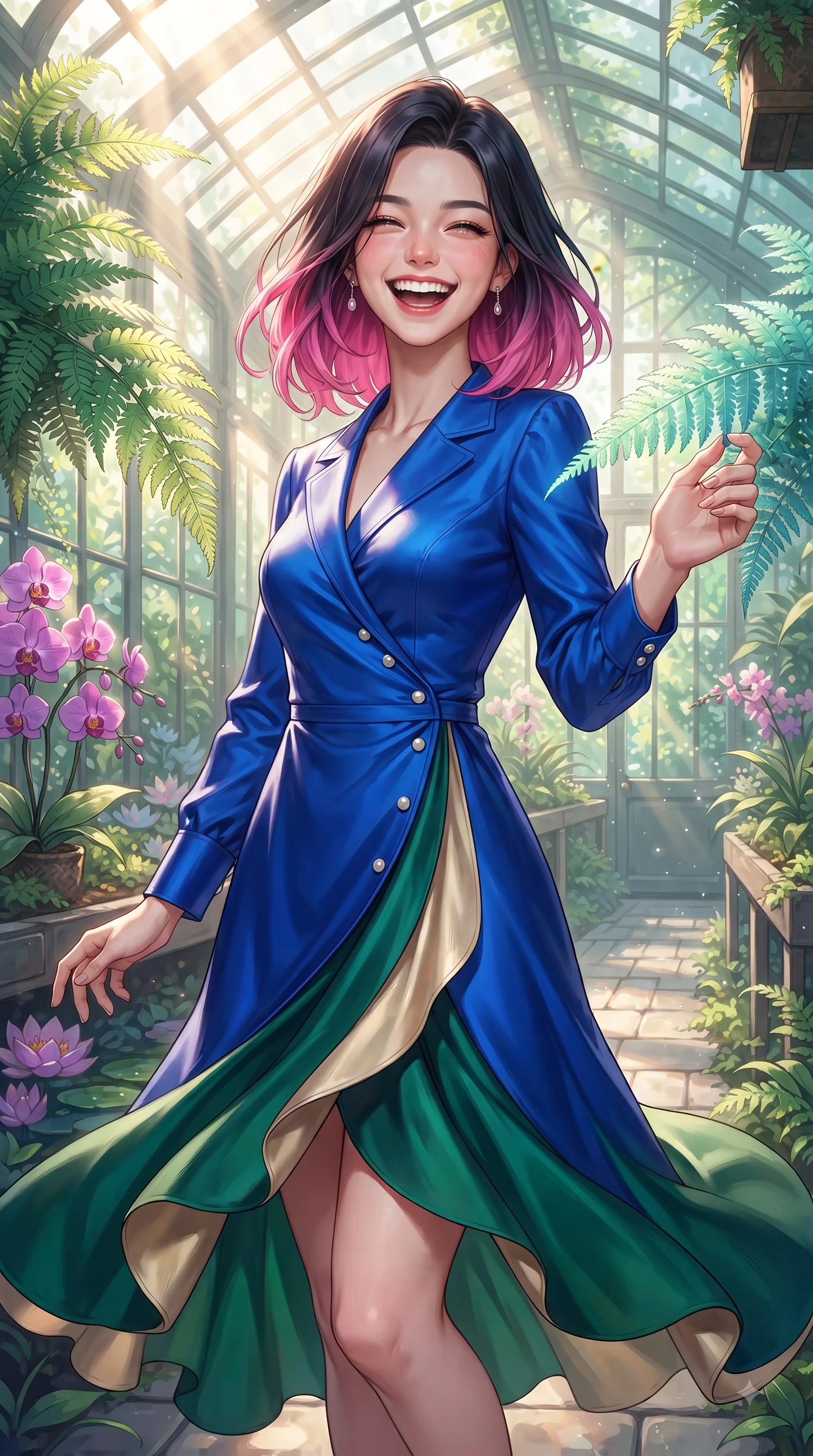 score_9, masterpiece, best quality, ultra-detailed, high-budget anime keyframe, editorial fashion photography, tasteful artistic composition, Korean woman. close-up cowboy shot from the waist and thighs up, the character dominates the composition, filling the frame with her large presence. Ecstatic joyful laughter with eyes crinkling in pure delight and vibrant energy filling her dynamic posture while reaching out elegantly to touch a bioluminescent fern leaf under streaming sunbeams. The surrounding environment is rendered in vivid detail and crisp panoramic clarity. vibrant orchid blossoms, lotus pond ripples, and detailed greenhouse pathways in deep focus. She has an exceptionally elegant, slender, and willowy female figure with an ultra-slim waist, a gracefully sculpted slender torso, and a refined silhouette. sharp v-shaped jawline, high-bridge nose, intricate jewel-like eyes with depth, thick eyelashes, glossy lips with a natural sheen, flawlessly proportioned anatomical accuracy, natural body alignment, perfectly sculpted elegant limbs, clean dynamic posture without body distortion. wearing an electric cobalt blue silk wrap dress with a graceful flowing hem in deep emerald green and champagne gold, tailored from structured wool crepe with clean lines, accented with delicate pearl buttons and refined ruffle trims, the tailored fit highlighting her statuesque and model-like silhouette. illuminated by fresh botanical ambient glow with organic leaf stencil shadows. ultra-reflective glossy finish, specular highlights, metallic sheen, high-contrast stereoscopic depth, volumetric dynamic lighting, 2k, ultra detail, master piece, 9:16 ratio