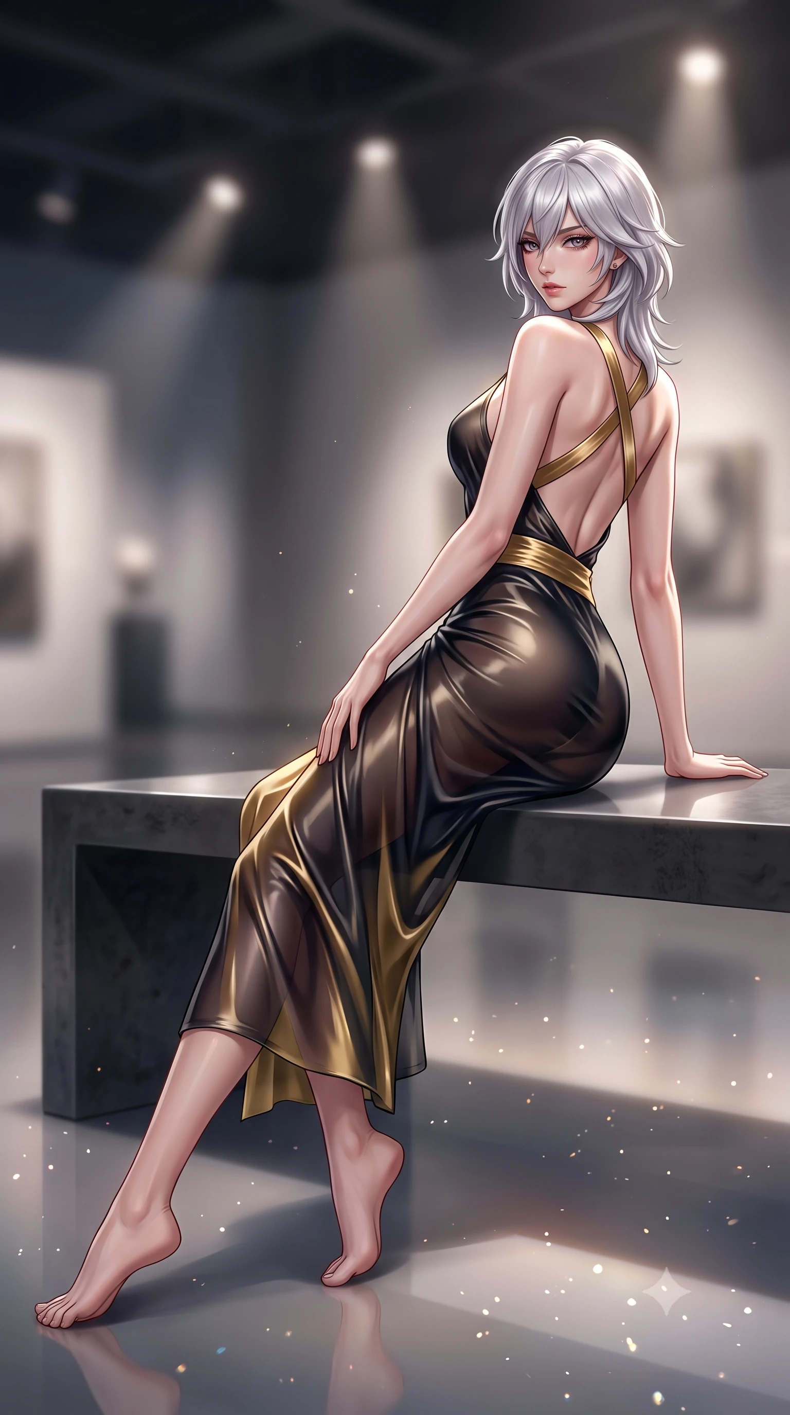 score_9, masterpiece, best quality, ultra-detailed, high-budget anime keyframe, semi-realistic 3D game render, editorial fashion photography, tasteful artistic composition, Japanese woman. low angle full-body shot from head to toe showing her feet, filling the entire 9:16 vertical frame with her statuesque presence, stretching her vertical silhouette. executing an elegant mid-motion pivot turn as garments swirl around her slender limbs, glancing over her shoulder with an intoxicating bedroom-gaze while reclining on a sleek polished concrete bench propped on one hand, long legs extended to accentuate her razor-sharp slender hips and flat midriff. The composition keeps background elements in soft focus with creamy bokeh. gallery pin-spotlight beams and reflective floor highlights scattering sleek directional light motes. She has an exceptionally tall and slender model-like 8.5-heads proportion, an ultra-slim waist, a flat toned midriff, narrow delicate ribcage, and beautifully sculpted feminine hips creating a graceful, slim hourglass silhouette without any bulky heaviness, with impossibly long slender legs. sharp v-shaped jawline, high-bridge nose, intricate jewel-like eyes with depth, thick eyelashes, glossy parted lips with a natural sheen, intensely captivating and seductive bedroom-eyes expression, flawlessly proportioned anatomical accuracy, strict slender model proportions, natural body alignment, perfectly sculpted long slender limbs, ultra-slim waistline, clean dynamic posture without body distortion. wearing a delicate semi-translucent silk yukata that clings to her wet skin and curvy hip contours in midnight obsidian black and liquid gold, tailored from smooth liquid silk satin adhering seamlessly to her skin, finished with criss-cross back satin straps highlighting her graceful shoulder blades, the form-contouring material adhering flawlessly to her sculpted flat midriff and slender torso, emphasizing her long leg lines and perfectly proportioned willowy build. surrounded by a sophisticated, avant-garde, and dangerously seductive art-world muse aura. highly saturated vibrant anime colors, detailed shading with soft gradients, rich glossy textures, high-contrast stereoscopic depth, volumetric dynamic lighting, master piece, 9:16 ratio