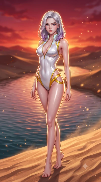 score_9, masterpiece, best quality, ultra-detailed, high-budget anime keyframe, semi-realistic 3D game render, editorial fashion photography, tasteful artistic composition, Caucasian woman. low angle full-body shot from head to toe showing her feet, 