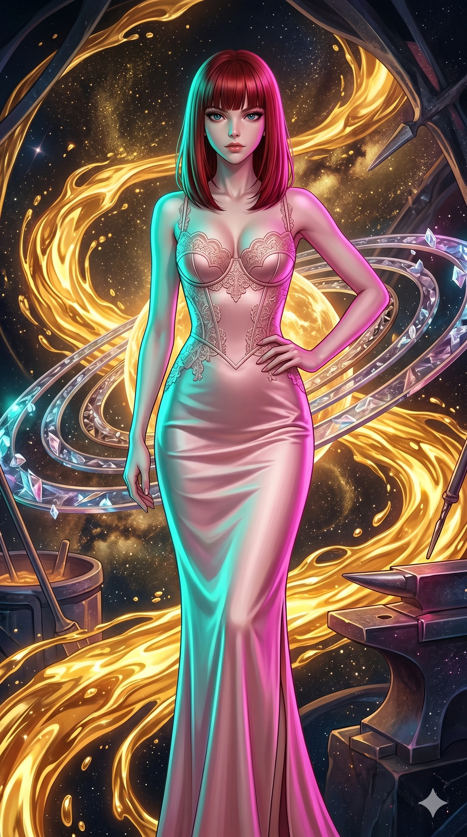 score_9, masterpiece, best quality, ultra-detailed, high-budget anime keyframe, editorial fashion photography, tasteful artistic composition, Caucasian woman, strictly human ears. cowboy shot from the thighs up, character and outfit filling the frame for maximum editorial presence. Holding a confident power pose with one hand on her hip inside a celestial forge where rivers of liquid gold flow around orbiting planetary rings. She has an absolutely perfect 8-heads proportion, an exceptionally tall and slender female figure with impossibly long slender legs and an ultra-slim waist. V-shaped jawline, high-bridge nose, intricate jewel-like eyes with depth, thick eyelashes, glossy lips with a natural sheen. wearing an evening gown inspired by haute couture lingerie silhouettes in blush duchess satin, with a delicate structured scalloped bodice, thin strap details at the shoulders, and a long bias-cut column skirt. under intense neon teal and magenta split-lighting creating vivid chromatic contrast on her figure. 2k, ultra detail, master piece, 9:16 ratio