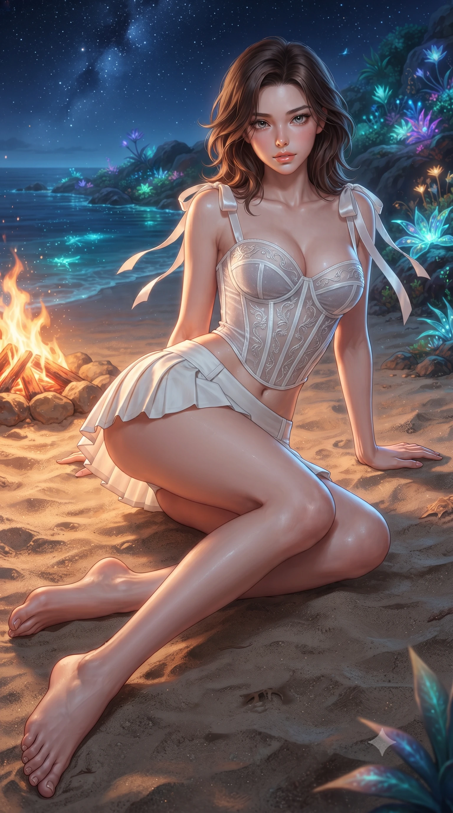 score_9, masterpiece, best quality, ultra-detailed, high-budget anime keyframe, editorial fashion photography, tasteful artistic composition, Korean woman. close-up cowboy shot from the waist and thighs up, the character dominates the composition, filling the frame with her large presence. leaning forward while arching her lower back to accentuate her curvy hips, looking into the camera with an intoxicating smoldering gaze and bedroom-eyes while reclining gracefully on the dry beach sand beside the campfire propped on one elbow with legs extended, displaying her long slender limbs and statuesque hourglass silhouette. The surrounding environment is rendered in vivid detail and crisp panoramic clarity: detailed garment cut, bodycon tailoring, and surreal bioluminescent nature in high resolution. She has an exceptionally elegant, slender, and willowy female figure with an ultra-slim waist, flat toned midriff, narrow ribcage, and sculpted feminine hips creating an alluring, slim hourglass silhouette without bulk. sharp v-shaped jawline, high-bridge nose, intricate jewel-like sparkling eyes with depth, thick eyelashes, glossy parted lips with a natural peach sheen, bright cheerful beaming smile with an enchanting and coquettish sensual glint, exuding both youthful cute charm and seductive allure, flawlessly proportioned anatomical accuracy, strict slender model proportions, natural body alignment, perfectly sculpted long slender limbs, ultra-slim waistline, clean dynamic posture without body distortion. wearing a structured Bohemian boned velvet bustier top paired with an ultra-short low-rise pleated micro mini skirt in pure translucent crystal white and liquid platinum, crafted from bespoke double-faced cashmere with an exceptionally soft tactile finish, finished with satin ribbon ties at the shoulders fluttering in the gentle breeze, the bespoke structured tailoring following the natural line of her 8.5-heads silhouette with refined elegance. illuminated by glowing wet sand reflection sheen and sharp neon-blue and gold dual rim lights defining her dewy collarbones, ultra-slim waist, and curvy hips. ultra-reflective glossy finish, specular highlights, rich textural contrasts, high-contrast stereoscopic depth, volumetric dynamic lighting, 2k, ultra detail, master piece, 9:16 ratio