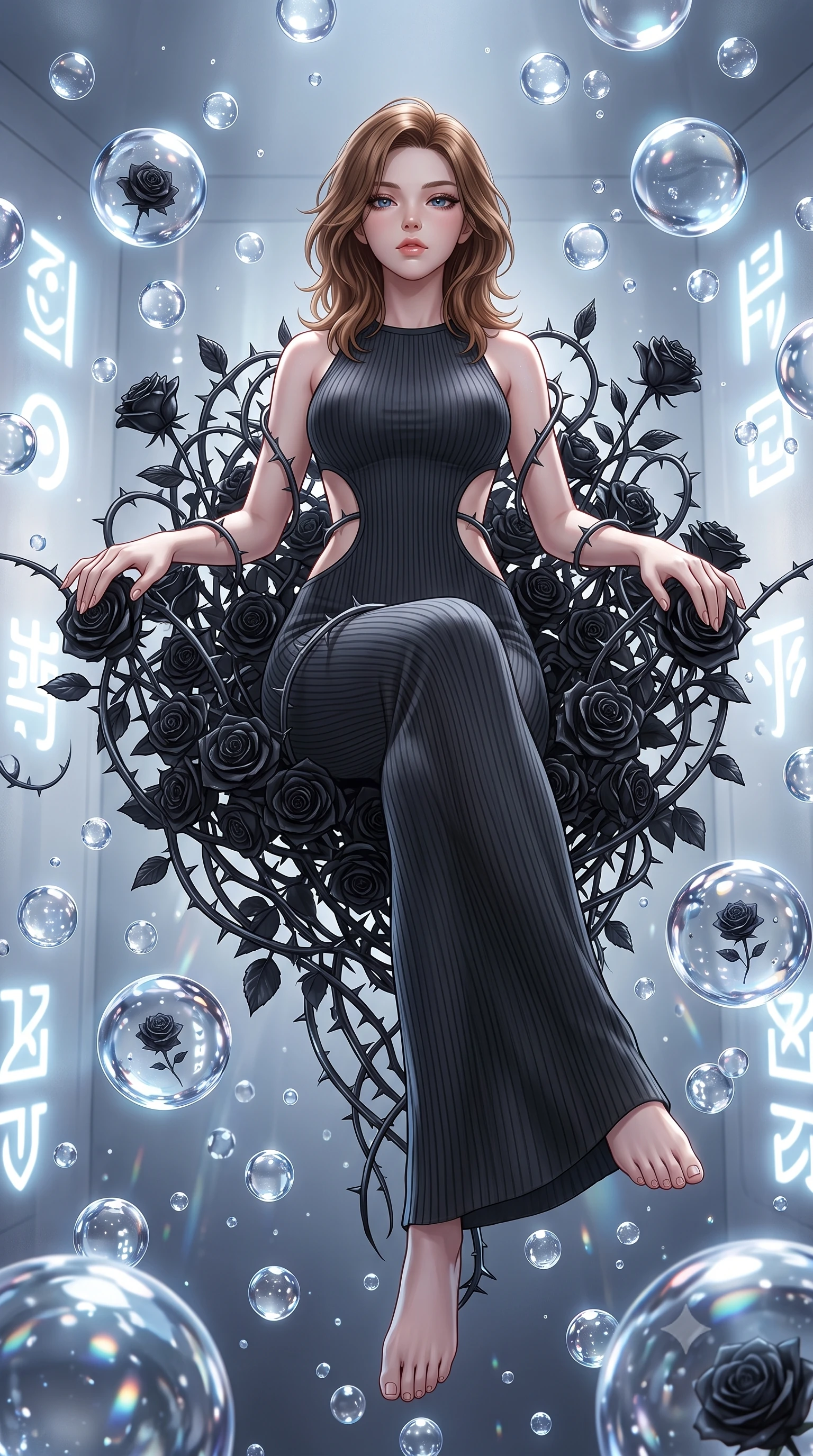 score_9, masterpiece, best quality, ultra-detailed, High-budget Anime Keyframe, East Asian woman. Low angle cowboy shot filling the entire 9:16 frame with her statuesque presence. Scenario 328: resting on a throne of black roses, thorns grazing her skin, in a zero-gravity sanctuary filled with floating water spheres. Her presence is magnetic and overpowering in this high-budget anime scene. Outfit 328: a body-hugging ribbed bodycon knit long with a strategic side cut-outs and tight-fitting silhouette. The clothing is designed to emphasize her exceptionally tall and slender 8-heads proportion. 8-heads proportion, towering silhouette, ultra-slim waist. sharp v-shaped jawline, intricate jewel-like eyes with depth, thick eyelashes, glossy lips. 2k, ultra detail, master piece, 9:16 ratio
