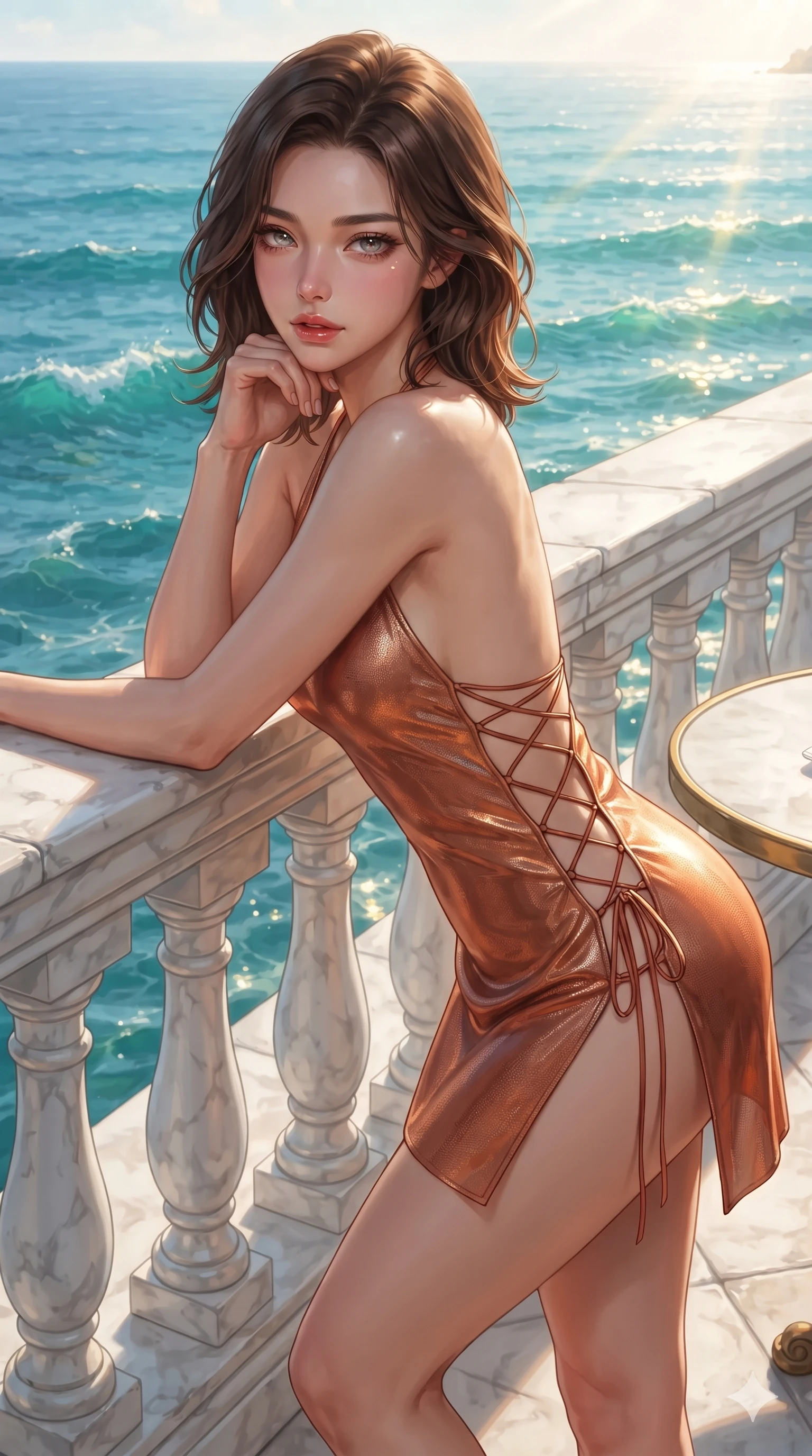 score_9, masterpiece, best quality, ultra-detailed, high-budget anime keyframe, editorial fashion photography, tasteful artistic composition, Korean woman. close-up cowboy shot from the waist and thighs up, the character dominates the composition, filling the frame with her large presence. resting one elbow on the table and supporting her chin, leaning close to the camera with heavy-lidded sparkling eyes and parted lips while leaning against the carved white marble balustrade with hips cocked back, watching golden sunbeams dance across the turquoise waves with bedroom-eyes. The surrounding environment is rendered in vivid detail and crisp panoramic clarity: sharp white Carrara marble terrace paving, crystal clear water surface caustics, and crisp carved baluster bevels in deep focus. She has an exceptionally elegant, slender, and willowy female figure with an ultra-slim waist, flat toned midriff, narrow ribcage, and sculpted feminine hips creating an alluring, slim hourglass silhouette without bulk. sharp v-shaped jawline, high-bridge nose, intricate jewel-like eyes with depth, thick eyelashes, glossy parted lips with a natural sheen, intensely captivating and seductive bedroom-eyes expression, flawlessly proportioned anatomical accuracy, strict slender model proportions, natural body alignment, perfectly sculpted long slender limbs, ultra-slim waistline, clean dynamic posture without body distortion. wearing an alluring backless metallic lamé halterneck mini dress with scoop back to the lower spine and thigh-high slit in warm Tuscan ochre and terracotta sienna, crafted from translucent silk organza with an ethereal crystalline sheen, featuring fine criss-cross lace-up side ties revealing tantalizing glimpses of her hip curve, the bespoke structured tailoring following the natural line of her 8.5-heads silhouette with refined elegance. illuminated by brilliant directional Mediterranean afternoon sun rays sculpting her sculpted clavicle, flat midriff, and rounded hips. ultra-reflective glossy finish, specular highlights, rich textural contrasts, high-contrast stereoscopic depth, volumetric dynamic lighting, 2k, ultra detail, master piece, 9:16 ratio