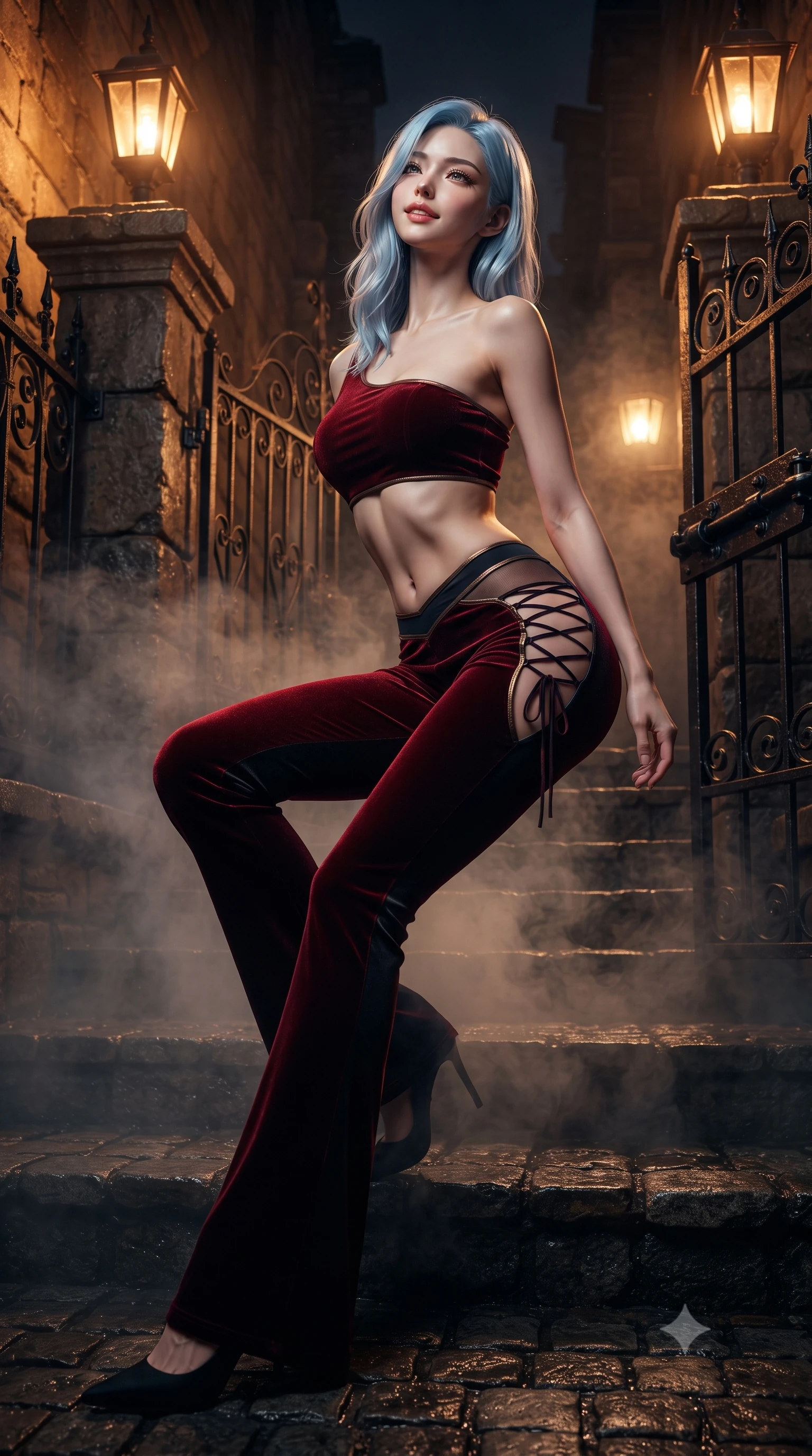 score_9, masterpiece, best quality, ultra-detailed, high-budget anime keyframe, editorial fashion photography, tasteful artistic composition, Korean woman. low angle full-body shot from head to toe showing her feet, filling the entire 9:16 vertical frame with her statuesque presence, stretching her vertical silhouette. sitting poised on the stone steps with one knee bent, arching her spine with supermodel elegance as she glances upward through thick eyelashes while twisting her slender torso in an alluring contrapposto stance, night mist swirling around her long slender legs and curvy hips. The surrounding environment is rendered in vivid detail and crisp panoramic clarity: sharp wet cobblestone granite textures, wrought-iron scrollwork details, and heavy iron gate bolts in deep focus. She has an absolutely perfect, statuesque 8.5-heads proportion, an exceptionally tall and slender model-like female figure with impossibly long slender legs, an ultra-slim waist, a flat toned midriff, narrow delicate ribcage, and beautifully sculpted feminine hips creating a graceful, slim hourglass silhouette without any bulky heaviness. sharp v-shaped jawline, high-bridge nose, sparkling eyes with hypnotic seductive depth, thick curled eyelashes, glossy parted lips with a natural dewy peach sheen, alluring bedroom-eyes with an enchanting coquettish smile, exuding magnetic siren charisma and sophisticated glamour, flawlessly proportioned anatomical accuracy, strict slender model proportions, natural body alignment, perfectly sculpted long slender limbs, ultra-slim waistline, clean dynamic posture without body distortion. wearing a form-contouring one-shoulder minimalist bandeau top paired with low-rise tailored trousers with sheer hip cutouts in deep blood-red velvet and midnight obsidian black with antique bronze trims, made of semi-opaque stretch illusion mesh with soft shadowy contours, finished with fine criss-cross lace-up side ties revealing tantalizing glimpses of her hip curve, the precision-cut side openings and low-back scoop framing her graceful spine and the sensual sweep of her slim, toned hips. bathed in warm amber light spilling from carriage lanterns mounted on stone pillars. ultra-reflective glossy finish, specular highlights, rich textural contrasts, high-contrast stereoscopic depth, volumetric dynamic lighting, 2k, ultra detail, master piece, 9:16 ratio