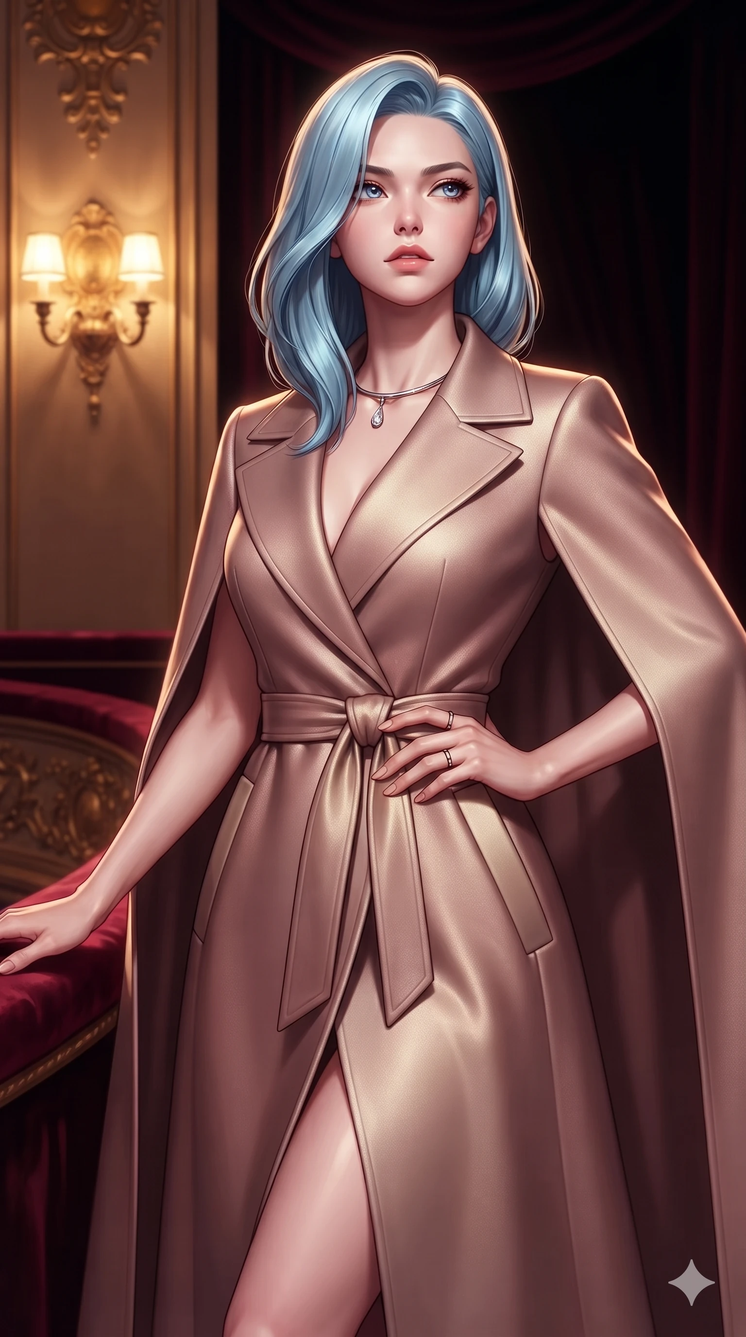 score_9, masterpiece, best quality, ultra-detailed, high-budget anime keyframe, semi-realistic 3D game render, editorial fashion photography, tasteful artistic composition, Korean woman. close-up cowboy shot from the waist and thighs up, the character dominates the composition, filling the frame with her large presence. tilting her chin up with proud, sovereign allure while gazing through thick eyelashes, one hand resting on her waist in pure supermodel charisma while stepping gracefully toward the box entrance, looking over a bare shoulder with an irresistible smoldering bedroom-gaze. The surrounding environment is rendered in vivid detail and crisp panoramic clarity: sharp crushed velvet balustrade piping, mother-of-pearl opera glass casings, and crisp gilded cartouche relief in deep focus. She has an exceptionally elegant, slender, and willowy female figure with an ultra-slim waist, flat toned midriff, narrow ribcage, and sculpted feminine hips creating an alluring, slim hourglass silhouette without bulk. sharp v-shaped jawline, high-bridge nose, intricate jewel-like eyes with depth, thick eyelashes, glossy parted lips with a natural sheen, intensely captivating and seductive bedroom-eyes expression, flawlessly proportioned anatomical accuracy, strict slender model proportions, natural body alignment, perfectly sculpted long slender limbs, ultra-slim waistline, clean dynamic posture without body distortion. wearing a tailored double-faced cashmere cape coat with structured lapels and a self-tying belt cinching her waist in dusky blush rose and champagne shimmer, tailored from water-resistant treated wool gabardine and flexible stretch silk, finished with a minimalist chrome choker and a single teardrop diamond pendant, the impeccably tailored cut draping gracefully along her slender figure with aristocratic poise. bathed in warm 2500K golden wall sconce radiance contrasted with dramatic auditorium ambient glow. highly saturated vibrant anime colors, detailed shading with soft gradients, rich glossy textures, high-contrast stereoscopic depth, volumetric dynamic lighting, master piece, 9:16 ratio