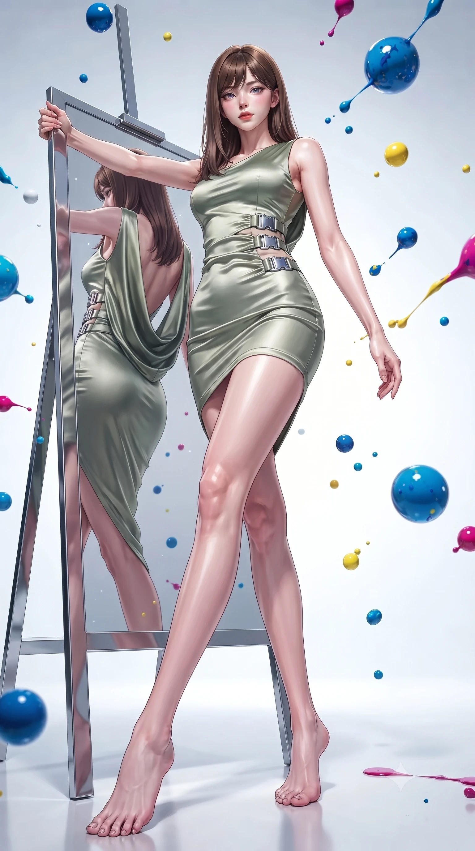 score_9, masterpiece, best quality, ultra-detailed, high-budget anime keyframe, editorial fashion photography, tasteful artistic composition, Korean woman. low angle full-body shot from head to toe showing her feet, filling the entire 9:16 vertical frame with her statuesque presence, stretching her vertical silhouette. navigating the luminous space with effortless poise, displaying her perfect model proportions leaning against a mirrored easel surrounded by suspended pigment spheres, vibrant paint droplets frozen in time casting specular highlights. She has an absolutely perfect, statuesque 8.5-heads proportion, an exceptionally tall and slender model-like female figure with impossibly long slender legs and an ultra-slim waist. sharp v-shaped jawline, high-bridge nose, intricate jewel-like eyes with depth, thick eyelashes, glossy lips with a natural sheen. wearing a precision-fitted liquid jersey bodycon dress with a draped back in sage green and oatmeal, crafted from lustrous satin jersey with fluid draping, detailed with polished silver buckles along the waistline, the sleek second-skin texture accentuating her magnetic presence. bathed in high-contrast vibrant studio lighting with sharp specular highlights. ultra-reflective glossy finish, specular highlights, metallic sheen, high-contrast stereoscopic depth, volumetric dynamic lighting, 2k, ultra detail, master piece, 9:16 ratio
