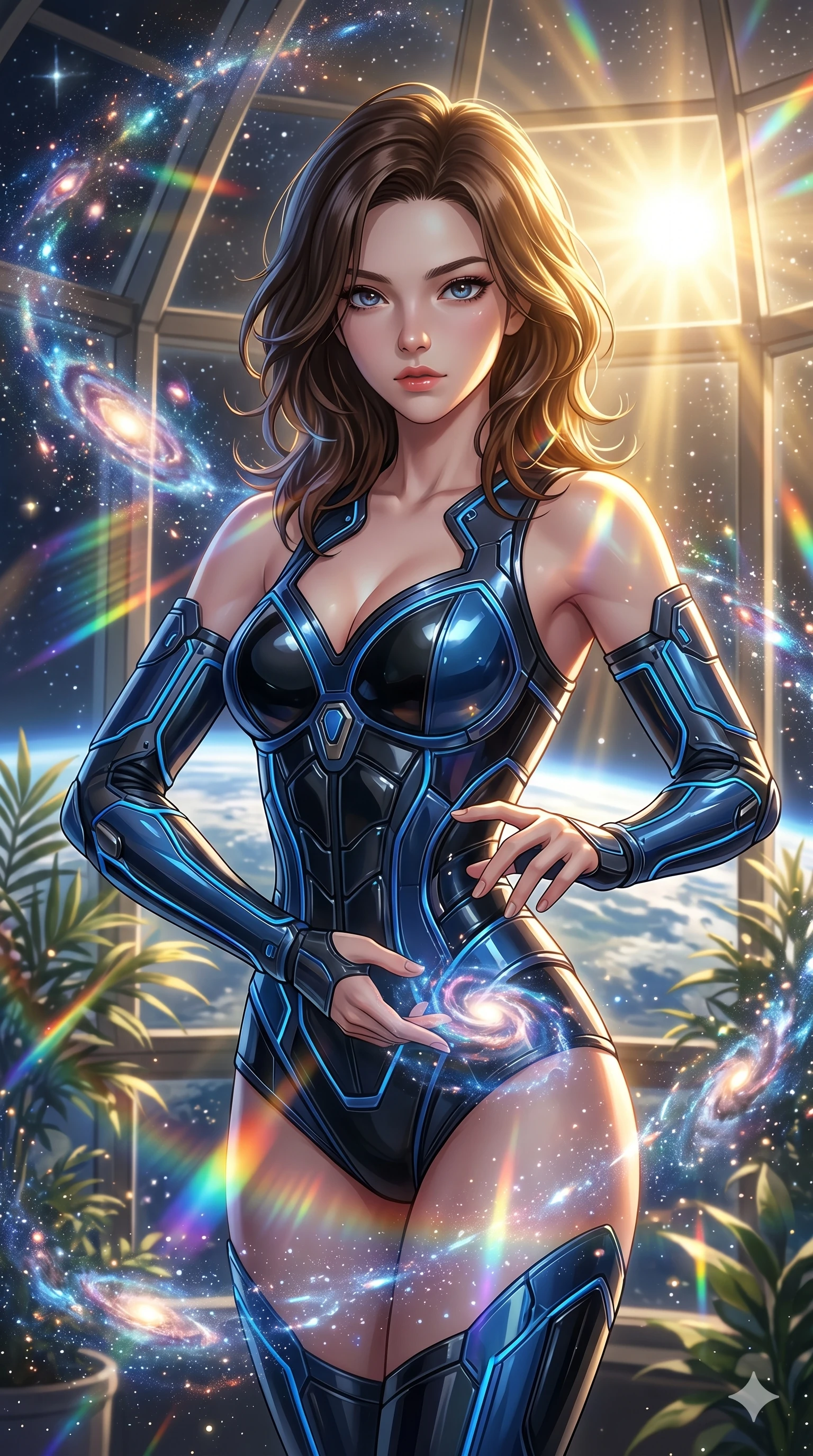 score_9, masterpiece, best quality, ultra-detailed, high-budget anime keyframe, Korean woman. Upper body close-up from the thighs up, character filling the screen for maximum presence. She is posing with dynamic energy as glowing cosmic stardust and floating nebulae swirl around her inside a sunlit orbital conservatory. She looks toward the camera with a captivating, intense gaze. She has an absolutely perfect 8-heads proportion, a tall and elegant figure with a refined silhouette and a defined waistline. V-shaped jawline, high-bridge nose, intricate jewel-like eyes with depth, thick eyelashes, glossy lips with a natural sheen. She is wearing a structured cybernetic bodice in glossy vinyl panels, paired with detached sleeves and a refined V-neckline detailed with glowing piping. The scene is bathed in brilliant, high-contrast golden solar rays and refracting rainbow lens flares. 2k, ultra detail, master piece, 9:16 ratio
