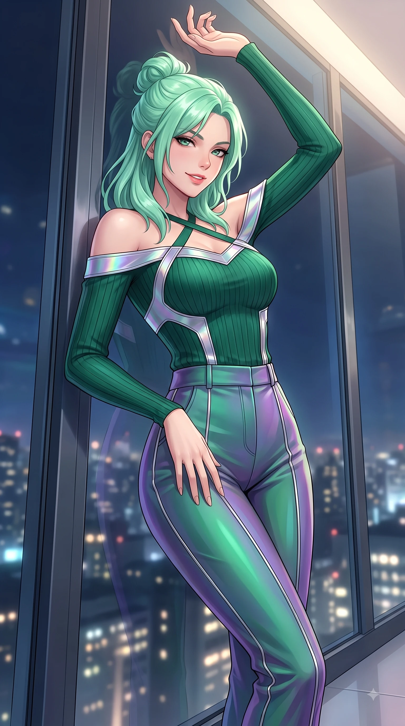 score_9, masterpiece, best quality, ultra-detailed, high-budget anime keyframe, editorial fashion photography, tasteful artistic composition, Japanese woman. close-up cowboy shot from the waist and thighs up, the character dominates the composition, filling the frame with her large presence, background elements kept in soft focus. Extending one arm in an elegant stretch toward the light while smiling with magnetic self-assurance while leaning against a panoramic glass window at midnight, her eyes casting a smoldering, magnetic gaze, glistening city lights twinkling softly through floor-to-ceiling glass in the background. She has an exceptionally elegant, slender, and willowy female figure with an ultra-slim waist, a gracefully sculpted slender torso, and a refined silhouette. sharp v-shaped jawline, high-bridge nose, intricate jewel-like eyes with depth, thick eyelashes, glossy lips with a natural sheen, flawlessly proportioned anatomical accuracy, natural body alignment, perfectly sculpted elegant limbs, clean dynamic posture without body distortion. wearing a sleek off-shoulder ribbed knit top paired with high-waist tailored pants in deep emerald green and silver accent, crafted from iridescent chiffon that shifts colors in the light, complemented by criss-cross back straps highlighting her bare shoulders, the sleek second-skin texture accentuating her magnetic presence. surrounded by a cozy, intimate glow with smooth high-contrast stereoscopic depth. highly saturated vibrant anime colors, detailed shading with soft gradients, rich glossy textures, high-contrast stereoscopic depth, volumetric dynamic lighting, master piece, 9:16 ratio
