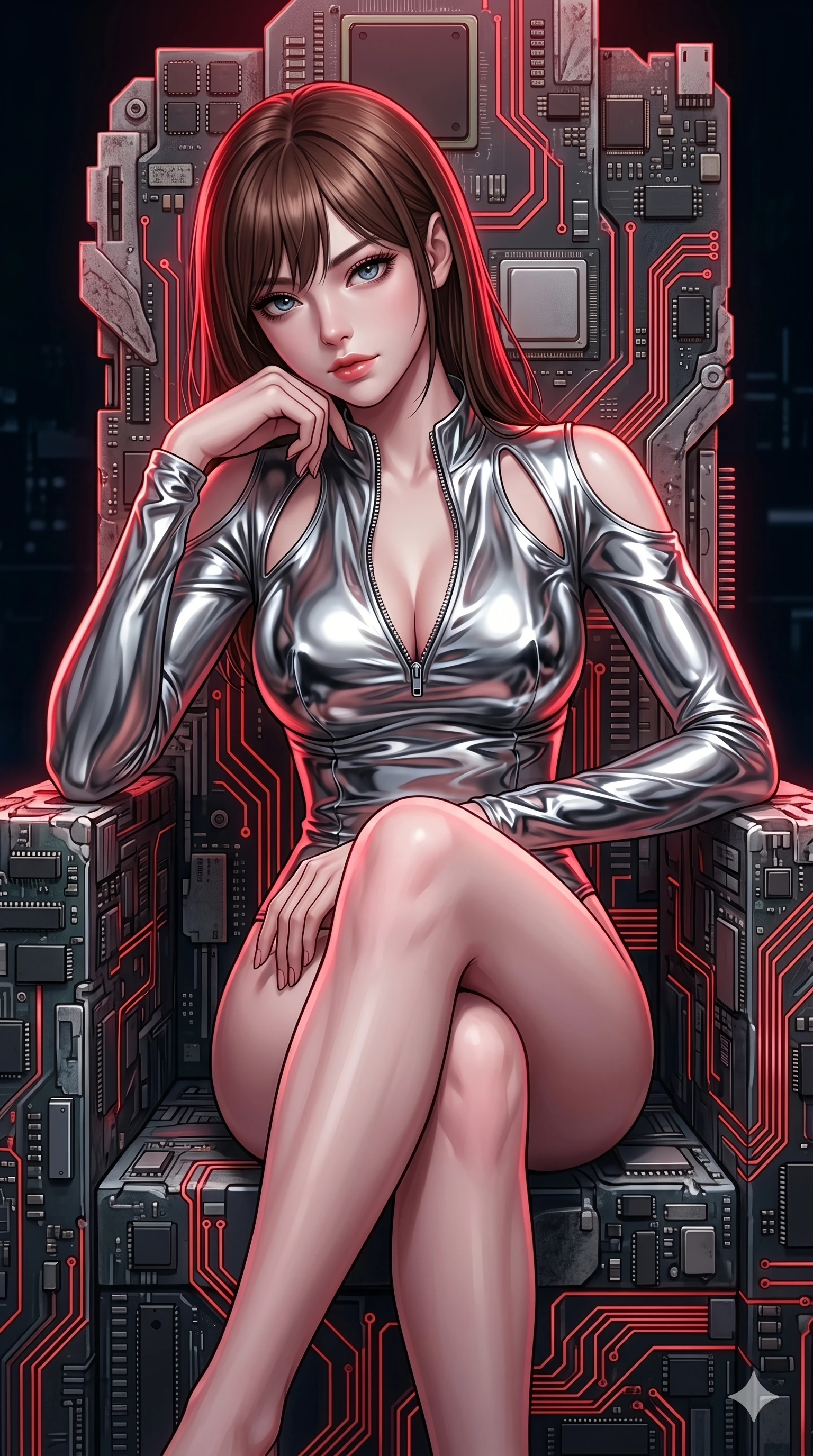 score_9, masterpiece, best quality, ultra-detailed, high-budget anime keyframe, editorial fashion photography, tasteful artistic composition, Korean woman. Upper body close-up from the thighs up, character filling the screen for maximum presence. She is seated dynamically on a throne of calcified logic boards and glowing red circuits. She leans forward with a dangerous, enticing smolder, resting one elbow on her knee. She has an absolutely perfect 8-heads proportion, an exceptionally tall and slender female figure with impossibly long slender legs and an ultra-slim waist. V-shaped jawline, high-bridge nose, intricate jewel-like eyes with depth, thick eyelashes, glossy lips with a natural sheen. She is wearing a form-fitting top made of molten liquid-mercury fabric that clings to her curves, with strategic tear-drop shoulder cutouts and a dangerously unzipped front collar. The scene is bathed in bright white studio flash light and sharp crimson rim lighting outlining her silhouette. 2k, ultra detail, master piece, 9:16 ratio