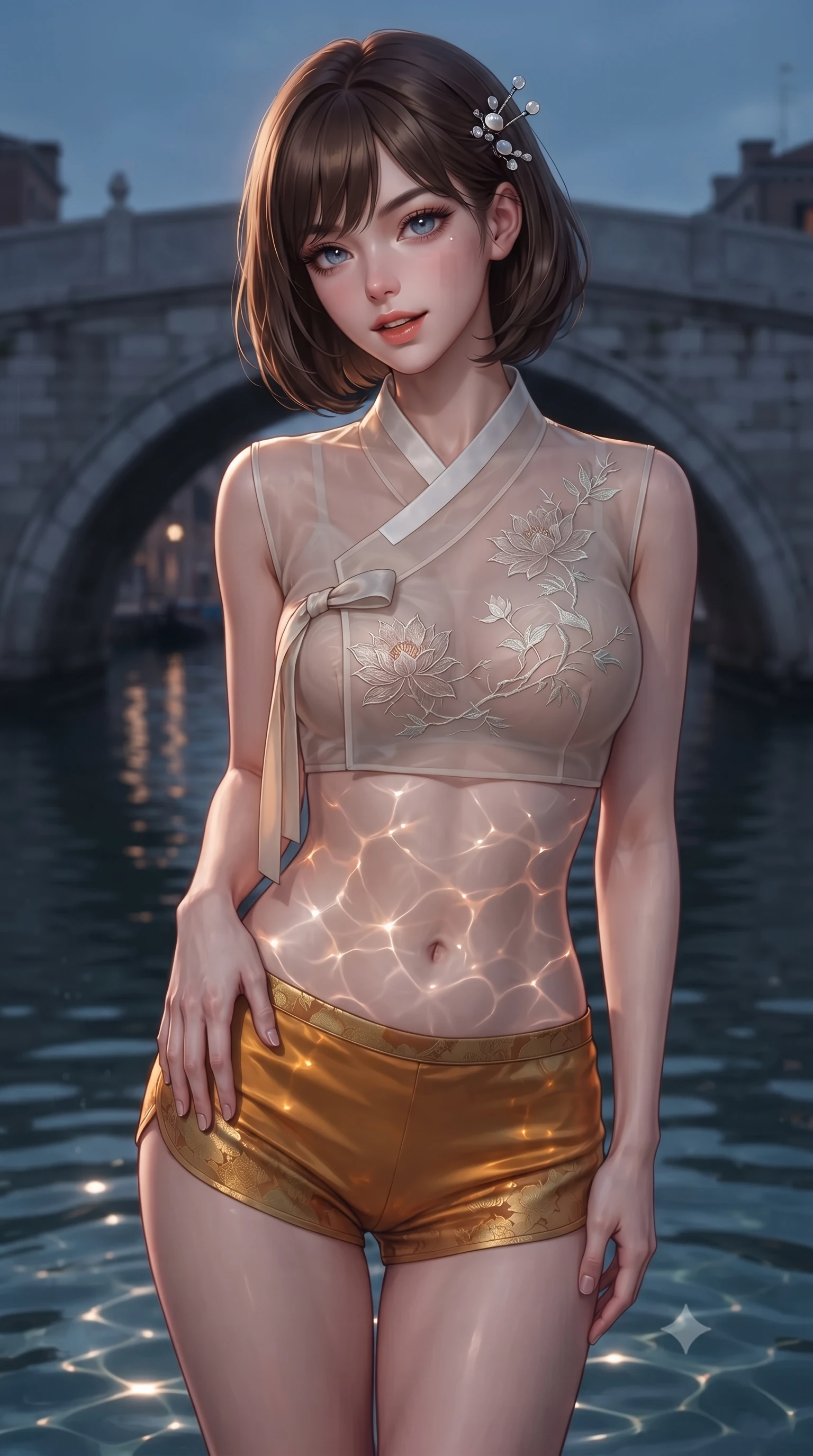 score_9, masterpiece, best quality, ultra-detailed, high-budget anime keyframe, editorial fashion photography, tasteful artistic composition, Caucasian woman. close-up cowboy shot from the waist and thighs up, the character dominates the composition, filling the frame with her large presence. tilting her head with a teasing half-smile, running one hand slowly down the side of her hip in a flirtatious S-curve as ambient light caresses her silhouette while twisting her slender torso in an alluring S-curve, water rippling below casting liquid reflections over her flat midriff and hips. The surrounding environment is rendered in vivid detail and crisp panoramic clarity: detailed sheer silk garment weave, sparkling eyes with athletic depth, and classic bridge relief in razor-sharp precision. She has an exceptionally elegant, slender, and willowy female figure with an ultra-slim waist, flat toned midriff, narrow ribcage, and sculpted feminine hips creating an alluring, slim hourglass silhouette without bulk. sharp v-shaped jawline, high-bridge nose, sparkling eyes with hypnotic seductive depth, thick curled eyelashes, glossy parted lips with a natural dewy peach sheen, alluring bedroom-eyes with an enchanting coquettish smile, exuding magnetic siren charisma and sophisticated glamour, flawlessly proportioned anatomical accuracy, strict slender model proportions, natural body alignment, perfectly sculpted long slender limbs, ultra-slim waistline, clean dynamic posture without body distortion. wearing a form-contouring sheer organza hanbok bodice with delicate lotus embroidery paired with low-rise silk hot-pants in warm amber honey and antique gold leaf, made of semi-opaque stretch illusion mesh with soft shadowy contours, finished with delicate mother-of-pearl hairpin ornaments glinting in her dark glossy hair, the second-skin tailored fabric adhering flawlessly to her sculpted flat midriff and slender torso, emphasizing her long leg lines and perfectly proportioned willowy build. illuminated by aquatic reflection bounce and sharp silvery rim lighting defining her razor-sharp jawline, narrow waist, and curvy hips. ultra-reflective glossy finish, specular highlights, rich textural contrasts, high-contrast stereoscopic depth, volumetric dynamic lighting, 2k, ultra detail, master piece, 9:16 ratio