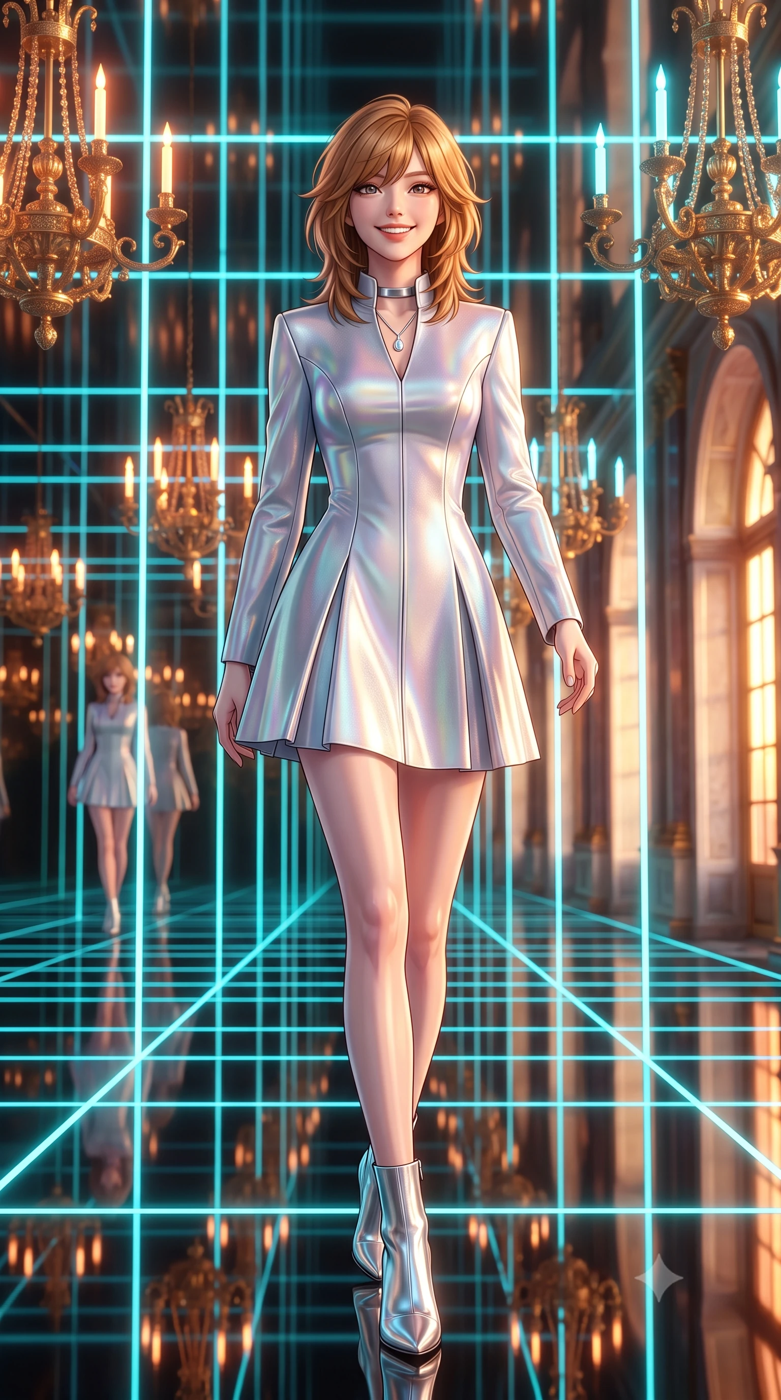 score_9, masterpiece, best quality, ultra-detailed, high-budget anime keyframe, semi-realistic 3D game render, editorial fashion photography, tasteful artistic composition, Korean woman. low angle full-body shot from head to toe showing her feet, filling the entire 9:16 vertical frame with her statuesque presence, stretching her vertical silhouette. stepping forward in a confident stride, her long slender legs and curvaceous hips creating a dynamic, sweeping vertical line while standing poised in the infinite smart-mirror gallery reflecting endless recursive laser corridors, arching her spine with breathtaking anime heroine allure. The background shows a soft-focus infinite recursive mirror reflections, antique gilded chandeliers fitted with neon plasma candles, and setting sun through arched palace windows blurred into gold, copper, and ruby bokeh. She has an exceptionally tall and slender model-like 8.5-heads proportion, an ultra-slim waist, a flat toned midriff, narrow delicate ribcage, and beautifully sculpted feminine hips creating a graceful, slim hourglass silhouette without any bulky heaviness, with impossibly long slender legs. sharp v-shaped jawline, high-bridge nose, intricate jewel-like sparkling eyes with depth, thick eyelashes, glossy parted lips with a natural peach sheen, bright cheerful beaming smile with an enchanting and coquettish sensual glint, exuding both youthful cute charm and seductive allure, flawlessly proportioned anatomical accuracy, strict slender model proportions, natural body alignment, perfectly sculpted long slender limbs, ultra-slim waistline, clean dynamic posture without body distortion. wearing a structured deep-space commander dress uniform with stand-up mandarin collar and pleated A-line skirt in iridescent mother-of-pearl and liquid molten silver, crafted from bespoke double-faced cashmere with an exceptionally soft tactile finish, finished with a minimalist chrome choker and a single teardrop diamond pendant, the bespoke structured tailoring following the natural line of her 8.5-heads silhouette with refined elegance. bathed in the blinding golden hour 2800K palace sunset mixed with delicate cyan laser grid lines. highly saturated vibrant anime colors, detailed shading with soft gradients, rich glossy textures, high-contrast stereoscopic depth, volumetric dynamic lighting, master piece, 9:16 ratio