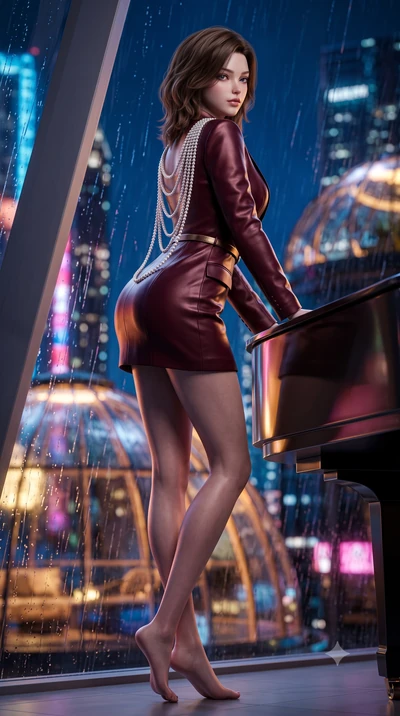 score_9, masterpiece, best quality, ultra-detailed, high-budget anime keyframe, semi-realistic 3D game render, editorial fashion photography, tasteful artistic composition, Korean woman. low angle full-body shot from head to toe showing her feet, fil