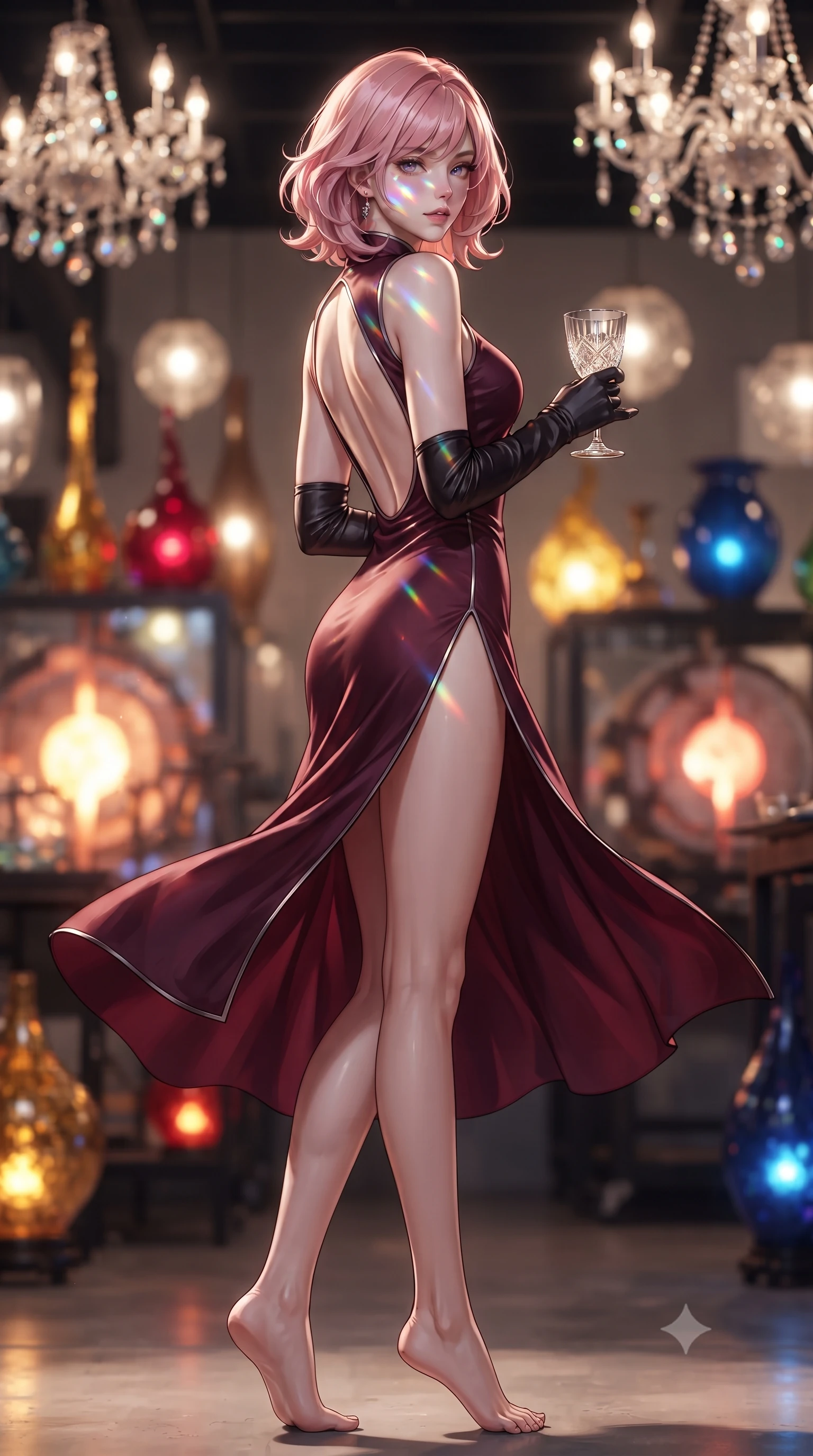 score_9, masterpiece, best quality, ultra-detailed, high-budget anime keyframe, editorial fashion photography, tasteful artistic composition, Japanese woman. low angle full-body shot from head to toe showing her feet, filling the entire 9:16 vertical frame with her statuesque presence, stretching her vertical silhouette. executing an elegant mid-motion pivot turn as garments swirl around her slender limbs, glancing over her shoulder with an intoxicating bedroom-gaze while standing poised beside a display of iridescent rainbow glass sculptures, twisting her slender torso in an alluring contrapposto stance. The composition keeps background elements in soft focus with creamy bokeh. glowing glassblowing kilns and hanging multicolored crystal chandeliers blurred into molten gold, ruby, and sapphire bokeh. She has an exceptionally tall and slender model-like 8.5-heads proportion, an ultra-slim waist, a flat toned midriff, narrow delicate ribcage, and beautifully sculpted feminine hips creating a graceful, slim hourglass silhouette without any bulky heaviness, with impossibly long slender legs. sharp v-shaped jawline, high-bridge nose, intricate jewel-like eyes with depth, thick eyelashes, glossy parted lips with a natural sheen, intensely captivating and seductive bedroom-eyes expression, flawlessly proportioned anatomical accuracy, strict slender model proportions, natural body alignment, perfectly sculpted long slender limbs, ultra-slim waistline, clean dynamic posture without body distortion. wearing a modernized cyber-qipao mini dress with an ultra-high side slit ascending to the hip and glowing piping in deep wine burgundy and brushed dark platinum, tailored from liquid silk jersey adhering flawlessly to her slender build, accessorized with opera-length satin gloves and a vintage crystal glass, the dramatically scooped open back descending to the base of her spine, accentuating her razor-sharp statuesque lines and slim hourglass silhouette. illuminated by dazzling rainbow crystal caustics sculpting her razor-sharp jawline, narrow waist, and curvy hips. ultra-reflective glossy finish, specular highlights, rich textural contrasts, high-contrast stereoscopic depth, volumetric dynamic lighting, 2k, ultra detail, master piece, 9:16 ratio