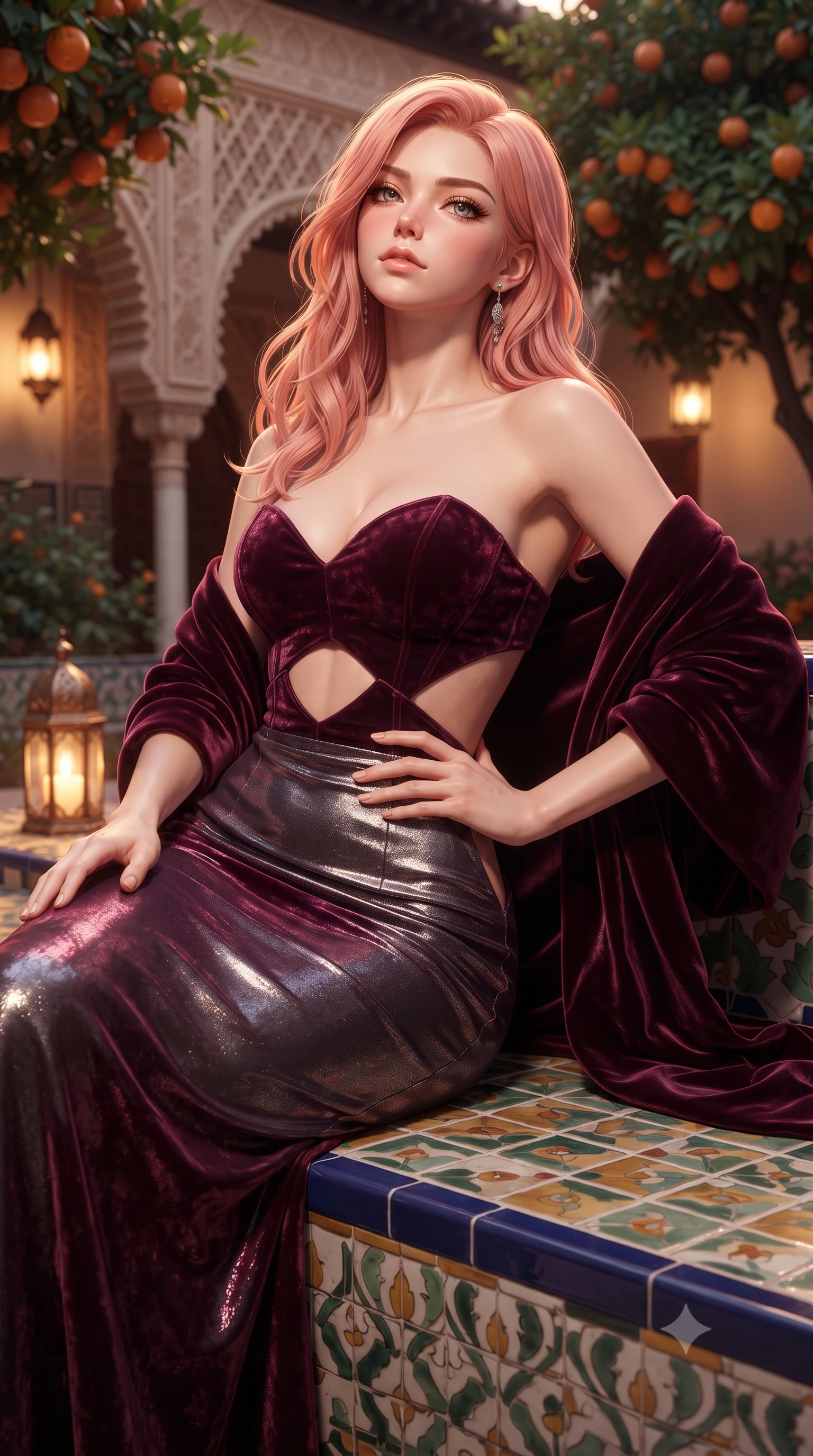 score_9, masterpiece, best quality, ultra-detailed, high-budget anime keyframe, semi-realistic 3D game render, editorial fashion photography, tasteful artistic composition, Japanese woman. close-up cowboy shot from the waist and thighs up, the character dominates the composition, filling the frame with her large presence. tilting her chin up with proud, sovereign allure while gazing through thick eyelashes, one hand resting on her waist in pure supermodel charisma while reclining across a tiled bench beneath fragrant orange trees, her flat midriff and feminine hips highlighted by warm dusk lanterns. The composition keeps background elements in soft focus with creamy bokeh. carved Mudéjar lace-like plaster arches and sunken orange grove gardens blurred into warm terracotta, gold, and jade bokeh. She has an exceptionally elegant, slender, and willowy female figure with an ultra-slim waist, flat toned midriff, narrow ribcage, and sculpted feminine hips creating an alluring, slim hourglass silhouette without bulk. sharp v-shaped jawline, high-bridge nose, intricate jewel-like eyes with depth, thick eyelashes, glossy parted lips with a natural sheen, intensely captivating and seductive bedroom-eyes expression, flawlessly proportioned anatomical accuracy, strict slender model proportions, natural body alignment, perfectly sculpted long slender limbs, ultra-slim waistline, clean dynamic posture without body distortion. wearing a deep sweetheart neckline crushed velvet corseted ballgown with an exposed midriff cutout in deep wine burgundy and brushed dark platinum, crafted from luxurious metallic lamé that shifts radiance with every step, complemented by a plush velvet shawl draped loosely over her elbows, the precision-cut side openings and low-back scoop framing her graceful spine and the sensual sweep of her slim, toned hips. illuminated by soft specular water reflections sharply sculpting her razor-sharp jawline, narrow waist, and curvy hips. highly saturated vibrant anime colors, detailed shading with soft gradients, rich glossy textures, high-contrast stereoscopic depth, volumetric dynamic lighting, master piece, 9:16 ratio