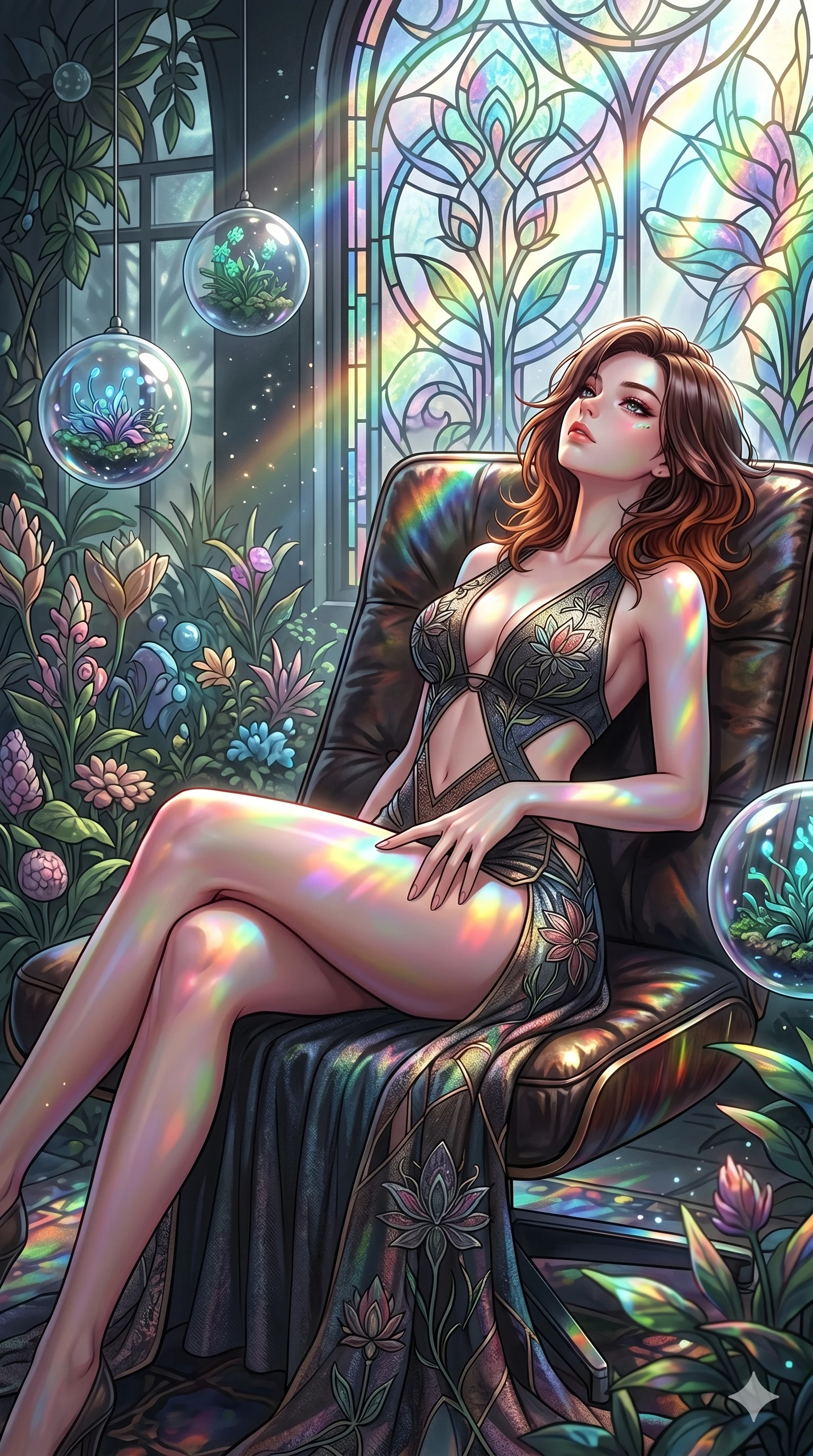 score_9, masterpiece, best quality, ultra-detailed, high-budget anime keyframe, editorial fashion photography, tasteful artistic composition, Korean woman. cowboy shot from the thighs up, character and outfit filling the frame for maximum editorial presence. leaning back on a leather lounge chair, tilting her chin up inside a retro-futuristic greenhouse with levitating glass spheres (Code-P17-104). She has an absolutely perfect 8-heads proportion, an exceptionally tall and slender female figure with impossibly long slender legs and an ultra-slim waist. V-shaped jawline, high-bridge nose, intricate jewel-like eyes with depth, thick eyelashes, glossy lips with a natural sheen. wearing a high-slit gown with a plunging neck and bare midriff. prismatic rainbow light refracting through the stained-glass window, coloring her skin. 2k, ultra detail, master piece, 9:16 ratio