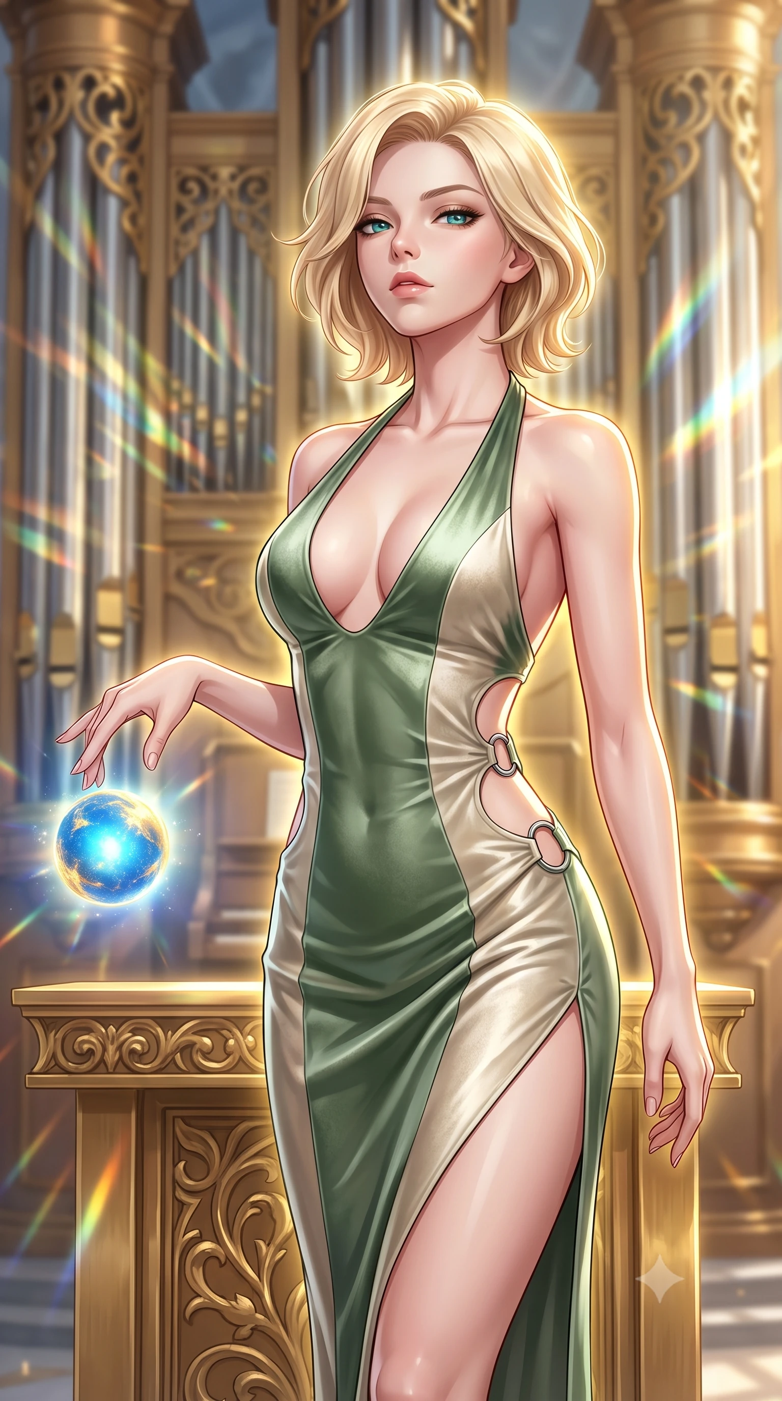 score_9, masterpiece, best quality, ultra-detailed, high-budget anime keyframe, editorial fashion photography, tasteful artistic composition, Caucasian woman. close-up cowboy shot from the waist and thighs up, the character dominates the composition, filling the frame with her large presence, background elements kept in soft focus. Tilting her chin up with an air of effortless superiority while balancing dynamically amidst the scene while reaching her hand toward a glowing celestial orb hovering over a golden altar, golden filigree organ pipes casting intricate metallic reflections in mid-air. She has an exceptionally elegant, slender, and willowy female figure with an ultra-slim waist, a gracefully sculpted slender torso, and a refined silhouette. sharp v-shaped jawline, high-bridge nose, intricate jewel-like eyes with depth, thick eyelashes, glossy lips with a natural sheen, flawlessly proportioned anatomical accuracy, natural body alignment, perfectly sculpted elegant limbs, clean dynamic posture without body distortion. wearing a deep-scoop halter bodycon dress with hip cutouts connected by silver rings in sage green and oatmeal, made of premium stretch velvet with a rich sheen, finished with a sleek side slit ascending to mid-thigh, the elegant draped fit framing her graceful clavicle and slender torso. surrounded by a divine cosmic aura with bright golden specular rim lights. highly saturated vibrant anime colors, detailed shading with soft gradients, rich glossy textures, high-contrast stereoscopic depth, volumetric dynamic lighting, master piece, 9:16 ratio