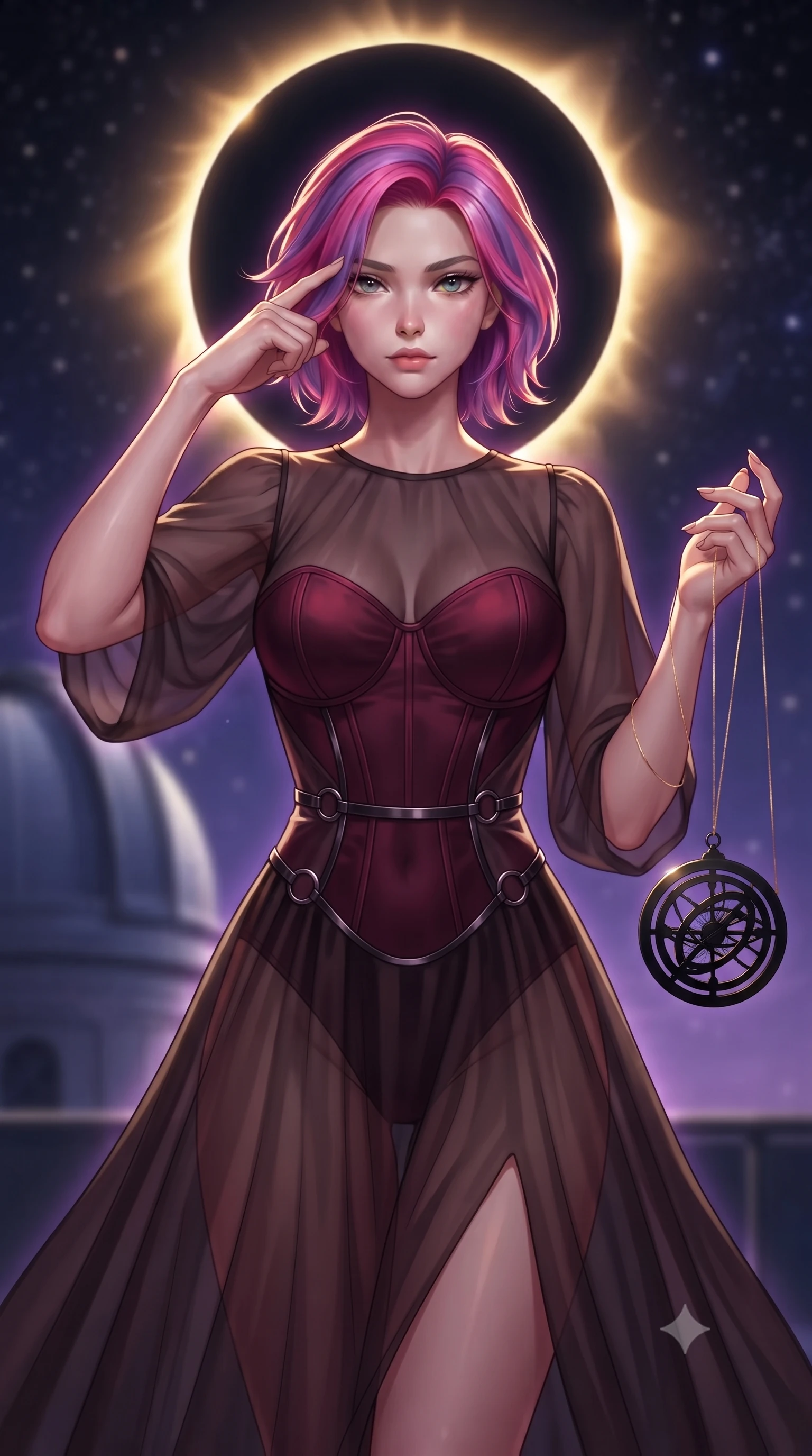 score_9, masterpiece, best quality, ultra-detailed, high-budget anime keyframe, editorial fashion photography, tasteful artistic composition, Caucasian woman. close-up cowboy shot from the waist and thighs up, the character dominates the composition, filling the frame with her large presence, background elements kept in soft focus. Pressing two fingers to her temple in a composed, sharp thoughtful gesture, threading dark gold eclipse light through a suspended black astrolabe, the glowing gold corona of a dark eclipse casting brilliant rim highlights. She has an exceptionally elegant, slender, and willowy female figure with an ultra-slim waist, a gracefully sculpted slender torso, and a refined silhouette. sharp v-shaped jawline, high-bridge nose, intricate jewel-like eyes with depth, thick eyelashes, glossy lips with a natural sheen. wearing semi-opaque sheer dark chiffon gown revealing structured bodice silhouette in deep crimson burgundy, made of soft dark satin, trimmed with dark chrome ring hardware along the waist contours, sculpting her athletic slender build with refined precision. surrounded by an eerie dark violet starlight aura and sharp rim highlights. highly saturated vibrant anime colors, detailed shading with soft gradients, rich glossy textures, high-contrast stereoscopic depth, volumetric dynamic lighting, master piece, 9:16 ratio
