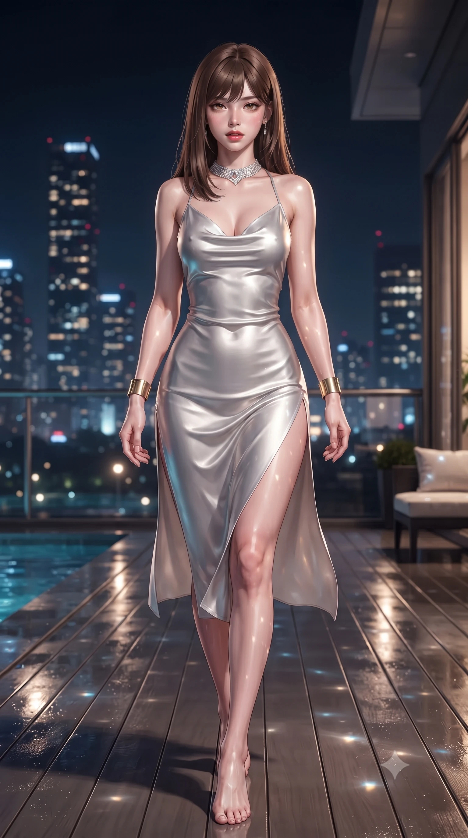 score_9, masterpiece, best quality, ultra-detailed, high-budget anime keyframe, editorial fashion photography, tasteful artistic composition, Korean woman. low angle full-body shot from head to toe showing her feet, filling the entire 9:16 vertical frame with her statuesque presence, stretching her vertical silhouette. striding forward in a proud supermodel runway stride, hips swaying in an alluring kinetic rhythm that accentuates her curvy hourglass silhouette while pivoting gracefully on the polished balcony deck with hips shifted in a pronounced contrapposto stance, parted glossy lips reflecting city neon. The composition keeps background elements in soft focus with creamy bokeh. shimmering pool caustics and city light reflections scattering radiant light motes across the deck. She has an absolutely perfect, statuesque 8.5-heads proportion, an exceptionally tall and slender model-like female figure with impossibly long slender legs, a toned flat midriff, an ultra-slim waist, and beautifully sculpted feminine hips. sharp v-shaped jawline, high-bridge nose, intricate jewel-like eyes with depth, thick eyelashes, glossy parted lips with a natural sheen, intensely captivating and seductive bedroom-eyes expression, flawlessly proportioned anatomical accuracy, strict slender model proportions, natural body alignment, perfectly sculpted long slender limbs, ultra-slim waistline, clean dynamic posture without body distortion. wearing a backless cowl-neck satin slip dress featuring high-cut side hip slits and delicate criss-cross back straps in shimmering silver mercury and pearl white, crafted from second-skin supple lambskin leather with specular sheen, accessorized with a bold diamond choker and minimalist gold cuffs, the glove-like aerodynamic silhouette tightly following the natural contour of her hips and long slender legs with statuesque precision. surrounded by a cosmopolitan, elite, and intensely magnetic modern royalty aura. ultra-reflective glossy finish, specular highlights, rich textural contrasts, high-contrast stereoscopic depth, volumetric dynamic lighting, 2k, ultra detail, master piece, 9:16 ratio