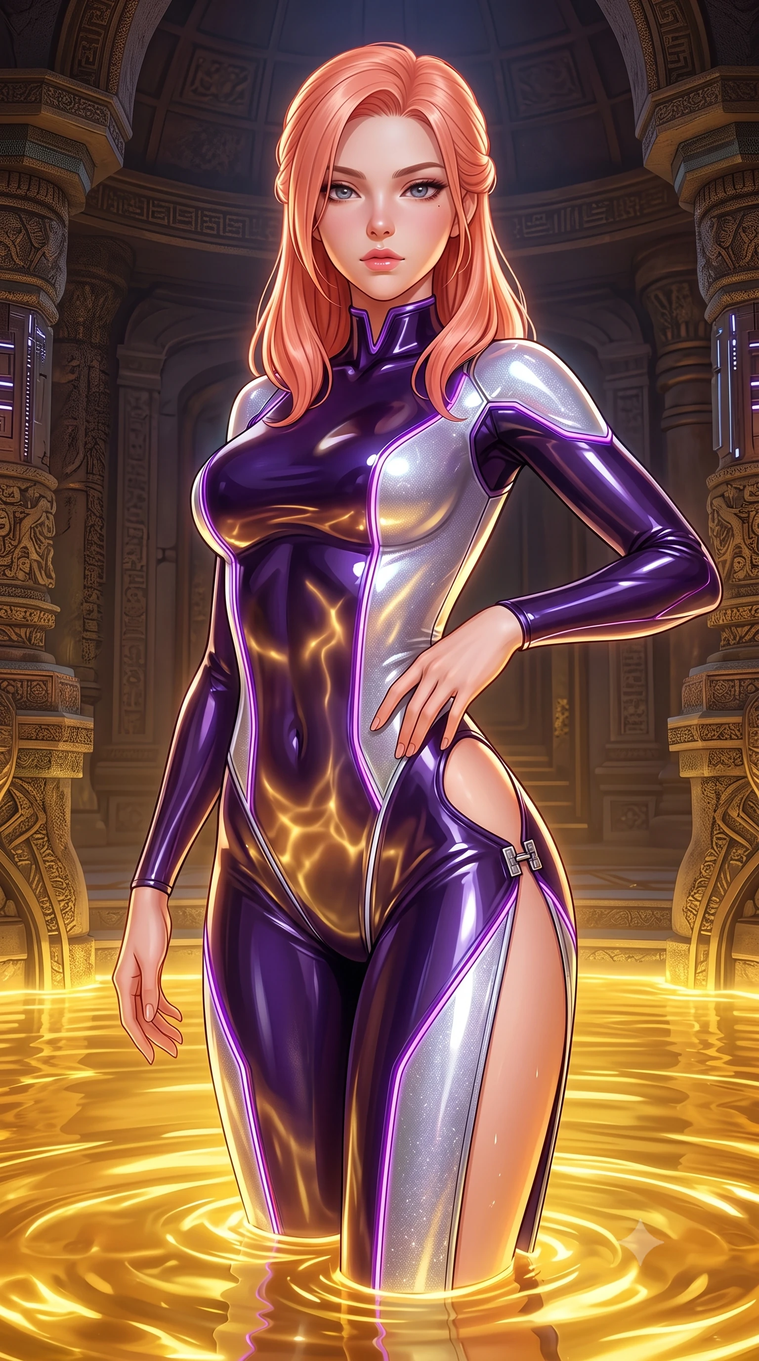 score_9, masterpiece, best quality, ultra-detailed, high-budget anime keyframe, semi-realistic 3D game render, editorial fashion photography, tasteful artistic composition, Japanese woman. close-up cowboy shot from the waist and thighs up, the character dominates the composition, filling the frame with her large presence. twisting her upper body in a dynamic S-curve with an alluring smolder, one hand trailing along her slender waist while standing waist-deep in a glowing liquid gold reservoir as golden light ripples across her torso. The surrounding environment is rendered in vivid detail and crisp panoramic clarity. rich chiaroscuro lighting and intricate cyber-temple architectural textures rendered in panoramic clarity. She has an exceptionally elegant, slender, and willowy female figure with an ultra-slim waist, a gracefully sculpted slender torso, and a refined silhouette. sharp v-shaped jawline, high-bridge nose, intricate jewel-like eyes with depth, thick eyelashes, glossy lips with a natural sheen, flawlessly proportioned anatomical accuracy, natural body alignment, perfectly sculpted elegant limbs, clean dynamic posture without body distortion. wearing a skin-tight cybernetic bodysuit with glowing neon seams, deep hip cutouts, and an aerodynamic athletic fit in dark amethyst purple and shimmering starlight silver, formed from high-gloss patent material with specular light reflections, finished with an ultra-high side slit secured by miniature magnetic clasps, the form-contouring second-skin material highlighting her ultra-slim waist and long lines. surrounded by a mysterious, opulent, and dangerously sensual sanctuary atmosphere. highly saturated vibrant anime colors, detailed shading with soft gradients, rich glossy textures, high-contrast stereoscopic depth, volumetric dynamic lighting, master piece, 9:16 ratio