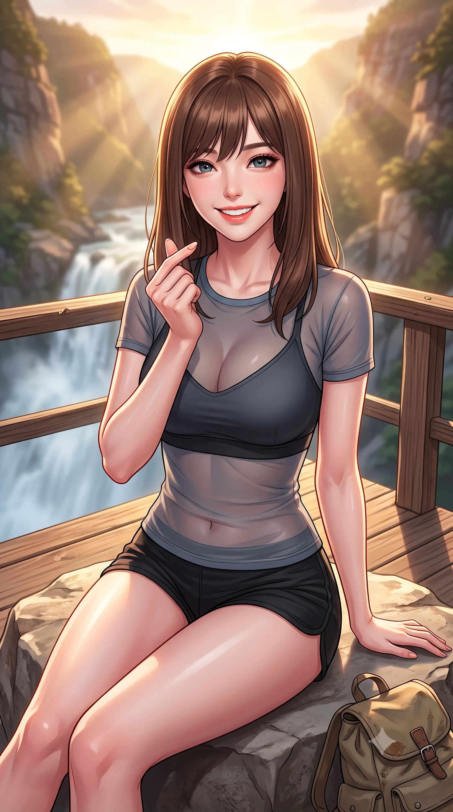 score_9, masterpiece, best quality, ultra-detailed, high-budget anime keyframe, editorial fashion photography, tasteful artistic composition, Korean woman. close-up cowboy shot from the waist and thighs up, the character dominates the composition, filling the frame with her large presence, background elements kept in soft focus. flashing a bright, sunny grin, holding her fingers in a cute small heart shape set against a soft-focus background of on a wooden viewing deck built next to a rushing valley waterfall sitting on a clean rock with a small canvas backpack nearby. She has an exceptionally elegant, slender, and willowy female figure with an ultra-slim waist, a gracefully sculpted slender torso, and a refined silhouette. sharp v-shaped jawline, high-bridge nose, intricate jewel-like eyes with depth, thick eyelashes, glossy lips with a natural sheen. wearing slim-fit sheer mesh athletic top in slate grey, worn over a slim-fit sports bralette and shorts. golden hour sunset light slicing through the valley gorge in warm rays. highly saturated vibrant anime colors, detailed shading with soft gradients, rich glossy textures, high-contrast stereoscopic depth, volumetric dynamic lighting, master piece, 9:16 ratio