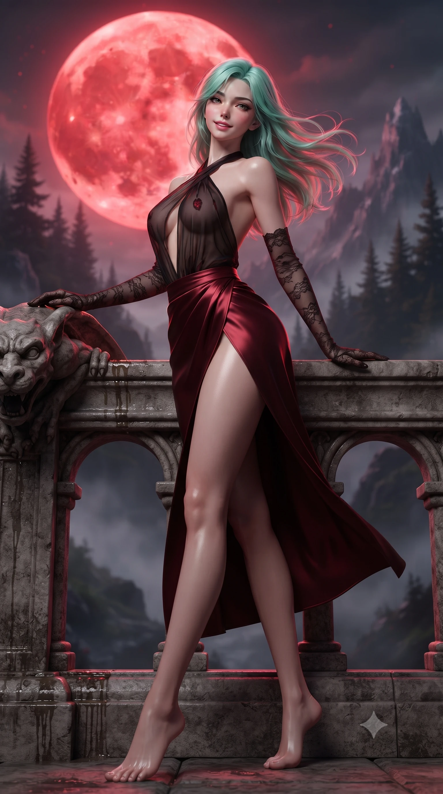 score_9, masterpiece, best quality, ultra-detailed, high-budget anime keyframe, editorial fashion photography, tasteful artistic composition, Japanese woman. low angle full-body shot from head to toe showing her feet, filling the entire 9:16 vertical frame with her statuesque presence, stretching her vertical silhouette. executing a slow, graceful pivot turn as her skirt sways around her slender legs, glancing back with an enchanting, teasing sensual expression while leaning against the carved stone gargoyle parapet with hips cocked back, looking back toward the giant crimson moon with bedroom-eyes. The background shows a soft-focus the colossal glowing crimson blood moon, jagged pine-covered mountain peaks, and swirling valley fog blurred into blood-orange, charcoal, and violet bokeh. She has an absolutely perfect, statuesque 8.5-heads proportion, an exceptionally tall and slender model-like female figure with impossibly long slender legs, an ultra-slim waist, a flat toned midriff, narrow delicate ribcage, and beautifully sculpted feminine hips creating a graceful, slim hourglass silhouette without any bulky heaviness. sharp v-shaped jawline, high-bridge nose, sparkling eyes with hypnotic seductive depth, thick curled eyelashes, glossy parted lips with a natural dewy peach sheen, alluring bedroom-eyes with an enchanting coquettish smile, exuding magnetic siren charisma and sophisticated glamour, flawlessly proportioned anatomical accuracy, strict slender model proportions, natural body alignment, perfectly sculpted long slender limbs, ultra-slim waistline, clean dynamic posture without body distortion. wearing a high-waisted dark crimson satin wrap sarong skirt with hip-high slit paired with a plunging criss-cross halter corset in wet-look onyx black with crimson specular reflections, made of sheer gossamer chiffon that drapes softly against skin with airy translucence, complemented by sheer opera-length lace evening gloves tracing her slender arms, the high-slit wrap tailoring accentuating her ultra-slim waistline and the enchanting curve of her feminine hips with alluring seductive charm. illuminated by stone parapet reflection fill and sharp deep-crimson rim lights sculpting her jawline, flat midriff, and curvy hips. ultra-reflective glossy finish, specular highlights, rich textural contrasts, high-contrast stereoscopic depth, volumetric dynamic lighting, 2k, ultra detail, master piece, 9:16 ratio