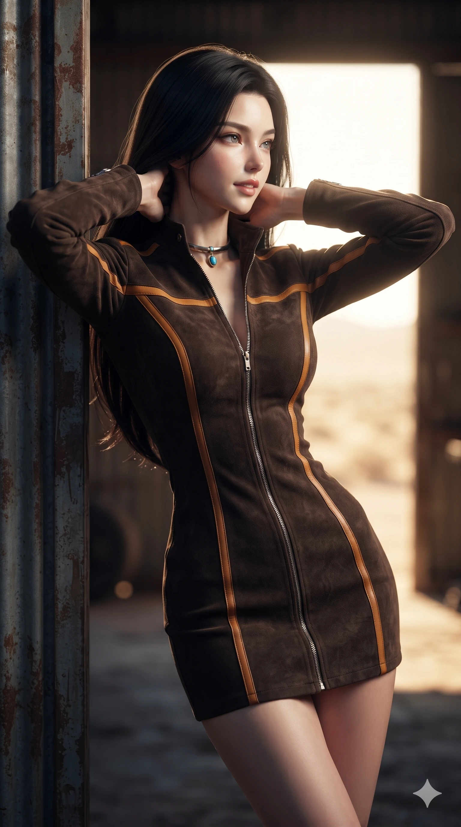 score_9, masterpiece, best quality, ultra-detailed, high-budget anime keyframe, editorial fashion photography, tasteful artistic composition, Korean woman. close-up cowboy shot from the waist and thighs up, the character dominates the composition, filling the frame with her large presence. resting both hands lightly behind her neck with elbows raised, arching her spine to highlight her narrow waist, flat midriff, and breathtaking collarbones while leaning against the corrugated iron steel door frame with hips cocked back, looking out into the blinding desert heat with smoldering bedroom-eyes. The background shows a soft-focus industrial warehouse threshold softened in high-contrast doorway shallow focus. She has an exceptionally elegant, slender, and willowy female figure with an ultra-slim waist, flat toned midriff, narrow ribcage, and sculpted feminine hips creating an alluring, slim hourglass silhouette without bulk. sharp v-shaped jawline, high-bridge nose, sparkling eyes with hypnotic seductive depth, thick curled eyelashes, glossy parted lips with a natural dewy peach sheen, alluring bedroom-eyes with an enchanting coquettish smile, exuding magnetic siren charisma and sophisticated glamour, flawlessly proportioned anatomical accuracy, strict slender model proportions, natural body alignment, perfectly sculpted long slender limbs, ultra-slim waistline, clean dynamic posture without body distortion. wearing a sleek high-collar zip-up biker jacket dress with structured shoulders and racing stripe accents in dark espresso leather and warm amber highlights, crafted from supple double-faced desert suede with an exceptionally soft matte finish, finished with a minimalist chrome choker and a single turquoise stone pendant, the bespoke structured tailoring following the natural line of her 8.5-heads silhouette with refined elegance. bathed in the extreme chiaroscuro contrast of cool deep indoor shadow and explosive 4000K golden desert sunlight flooding through the doorway. ultra-reflective glossy finish, specular highlights, rich textural contrasts, high-contrast stereoscopic depth, volumetric dynamic lighting, 2k, ultra detail, master piece, 9:16 ratio