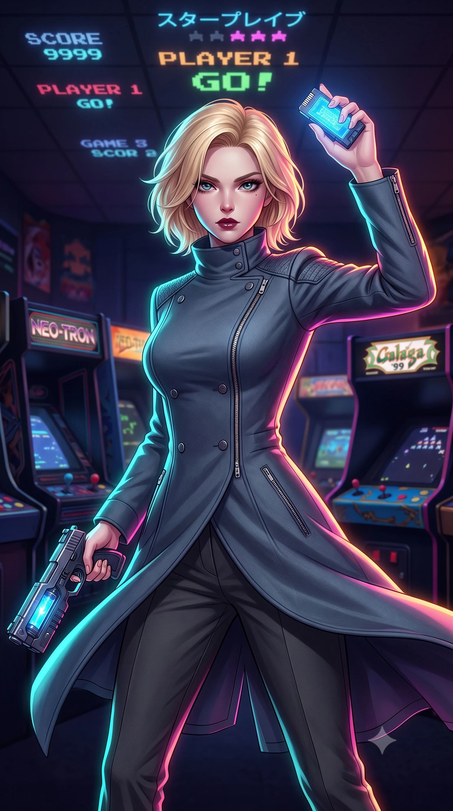 score_9, masterpiece, best quality, ultra-detailed, high-budget anime keyframe, editorial fashion photography, tasteful artistic composition, Caucasian woman, strictly human ears. close-up cowboy shot from the waist and thighs up, the character dominates the composition, filling the frame with her large presence, background elements kept in soft focus. Holding a glowing data drive aloft while reloading a futuristic plasma pistol, ready for the next wave. set against a soft-focus background of a dark room filled with retro-futuristic arcade cabinets, glowing screens projecting pixel graphics on the ceiling. She has an exceptionally elegant and slender, willowy female figure with an ultra-slim waist, a gracefully sculpted slender torso, and a refined slim physique. sharp v-shaped jawline, high-bridge nose, intricate jewel-like eyes with depth, thick eyelashes, glossy lips with a natural sheen. wearing the lightweight fabric rippling and billowing dramatically with her movement, a tailored futuristic high-neck double-breasted coat in slate grey wool, featuring asymmetric silver zip closures and charcoal slacks. highly saturated vibrant anime colors, intense vivid color palette, soft 3D volumetric shading, volumetric dynamic lighting, brilliant cinematic volumetric lighting with intense neon rim light outlining her form. 2k, ultra detail, master piece, 9:16 ratio